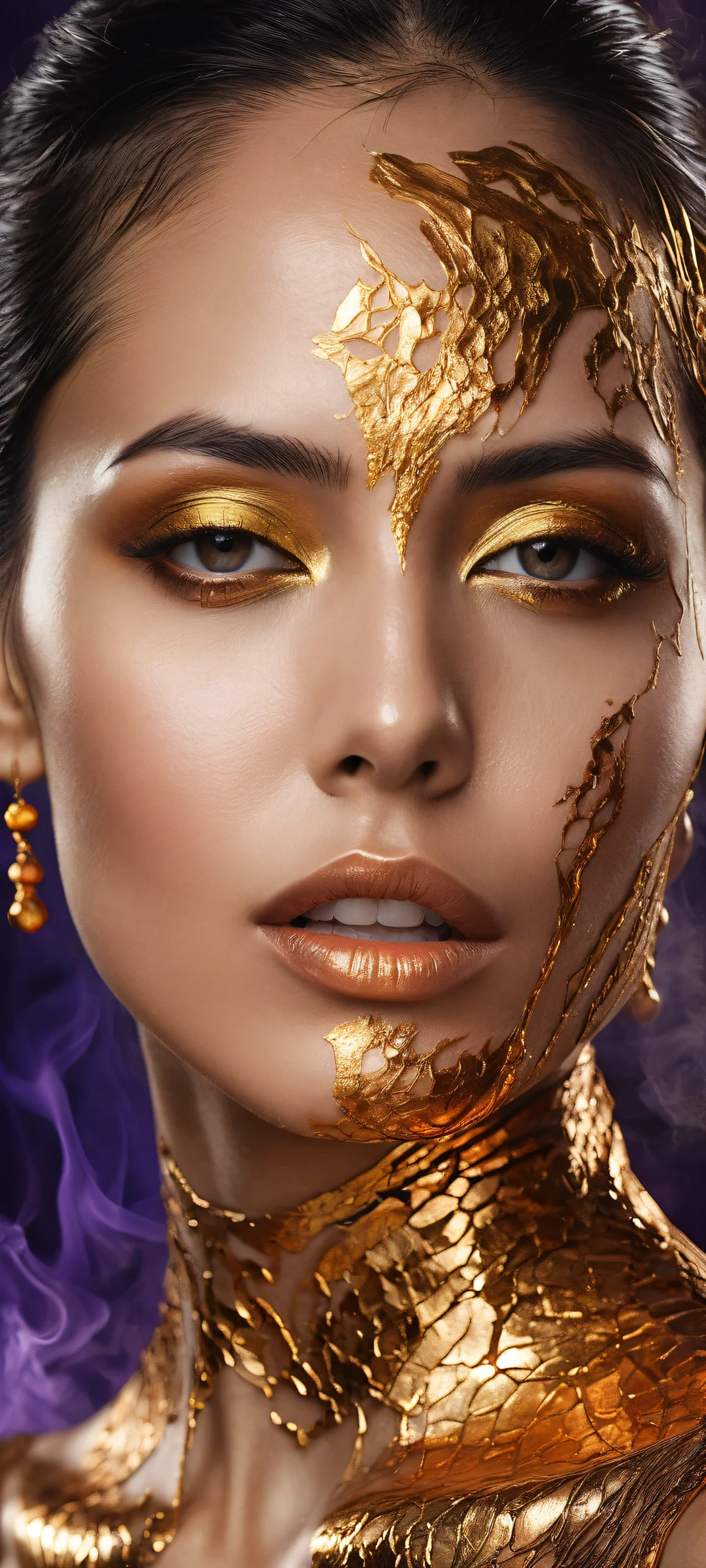 A woman with skin like polished obsidian and glowing molten gold cracks on her face, placed in the lower-middle against a dreamlike background that dissolves into smoke-like wisps. Perfectamente optimizado para iPhone, samsung galaxia, y pantallas de inicio de Android.