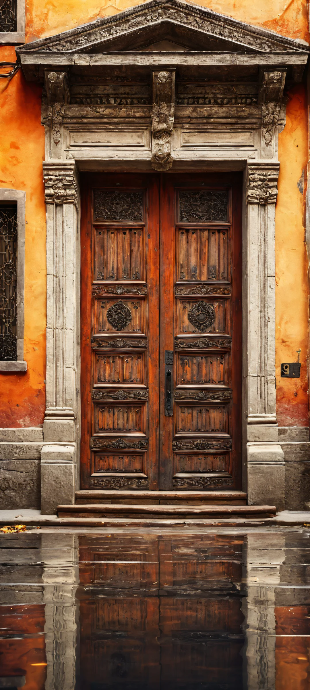 Breathtaking vertical portrait artwork of an old city door with intricate details on a rich urban cityscape, perfect for iPhone and Android home screens.