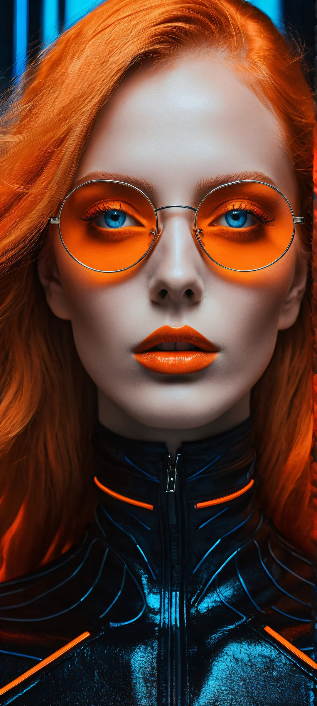 A lone figure with striking orange locks and piercing blue eyes stands out against a vibrant, neon-lit cityscape on iPhone/Android.