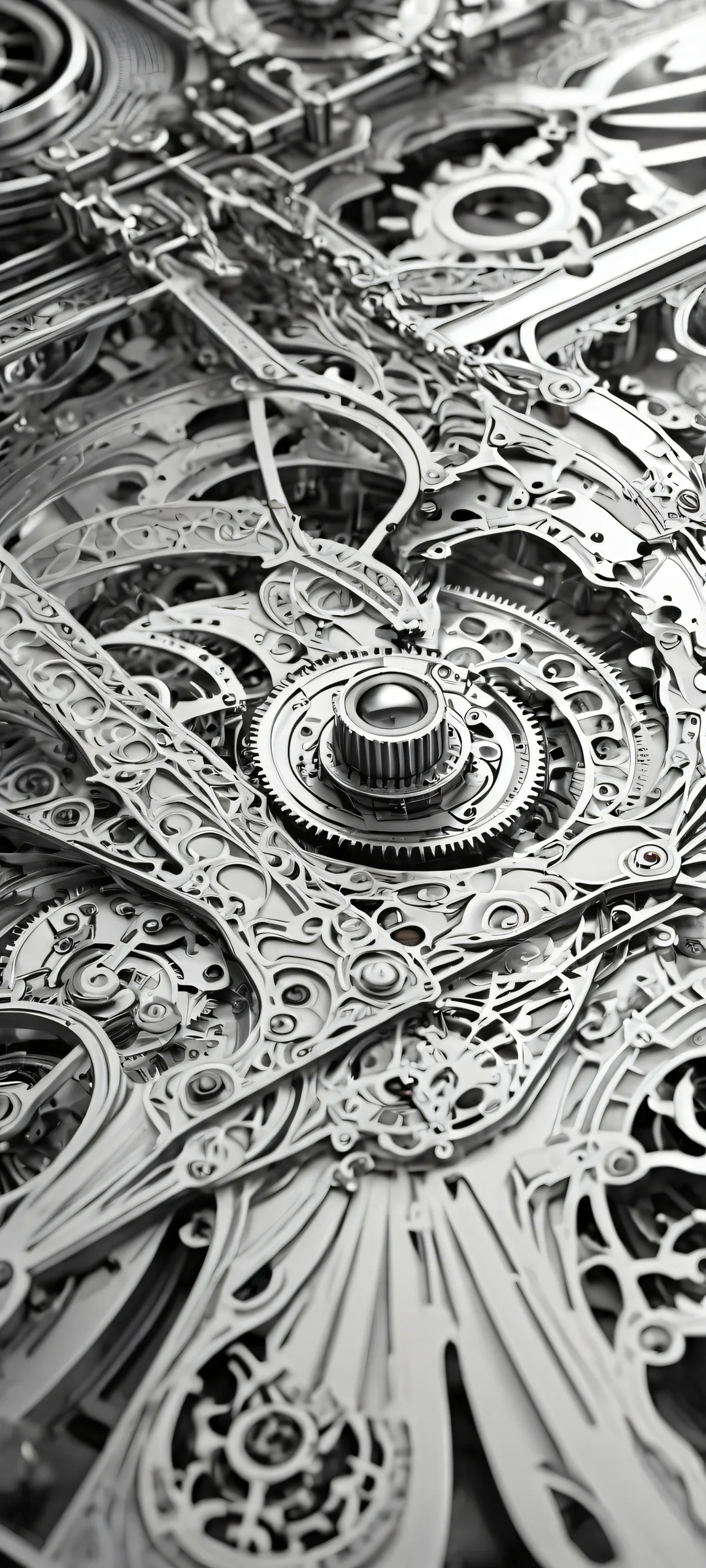 A breathtaking vertical portrait of Ornate Mechanisms on a pure black and white void, perfectly optimized for iPhone/Android home screens.