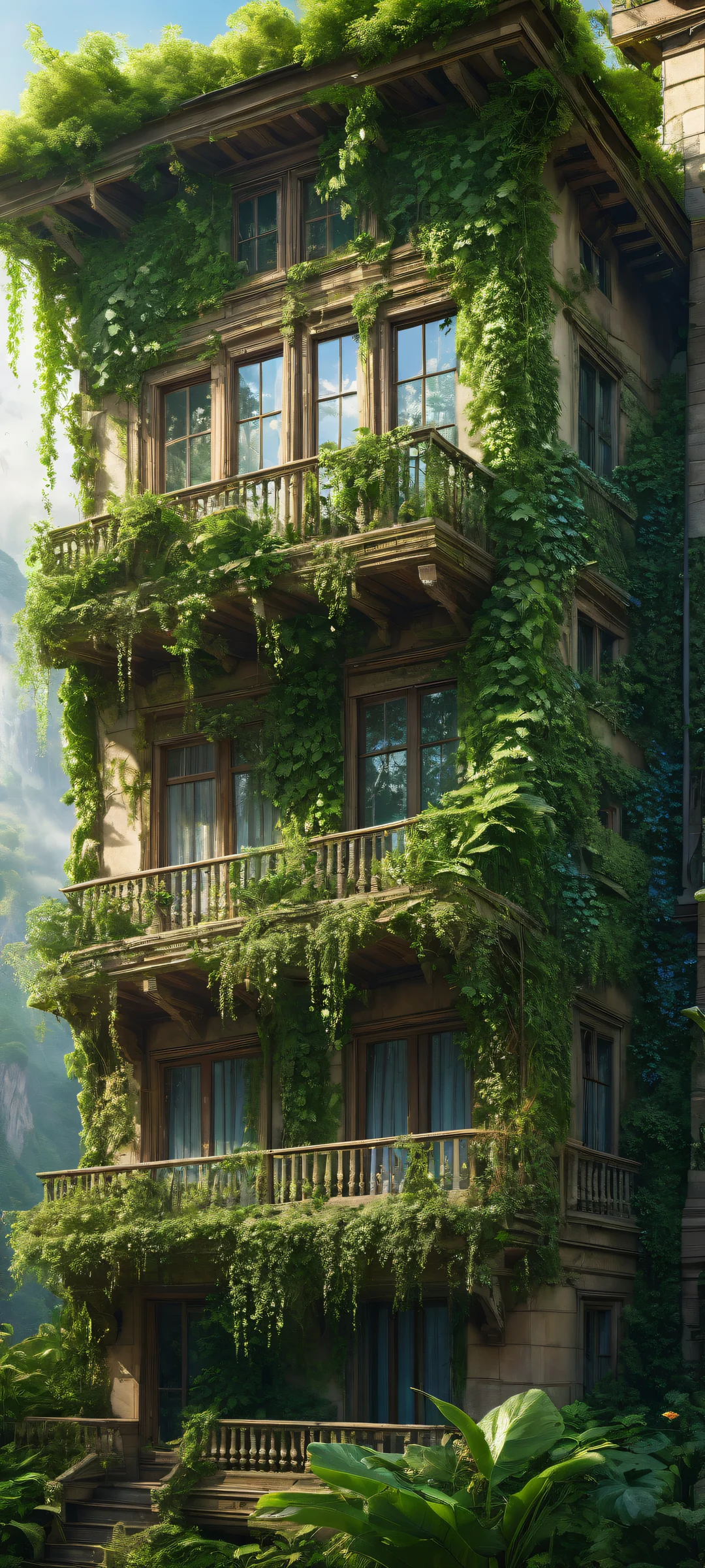 A beautifully rendered vertical portrait of an overgrown house on iPhone/Android, showcasing intricate details and ethereal ambiance.