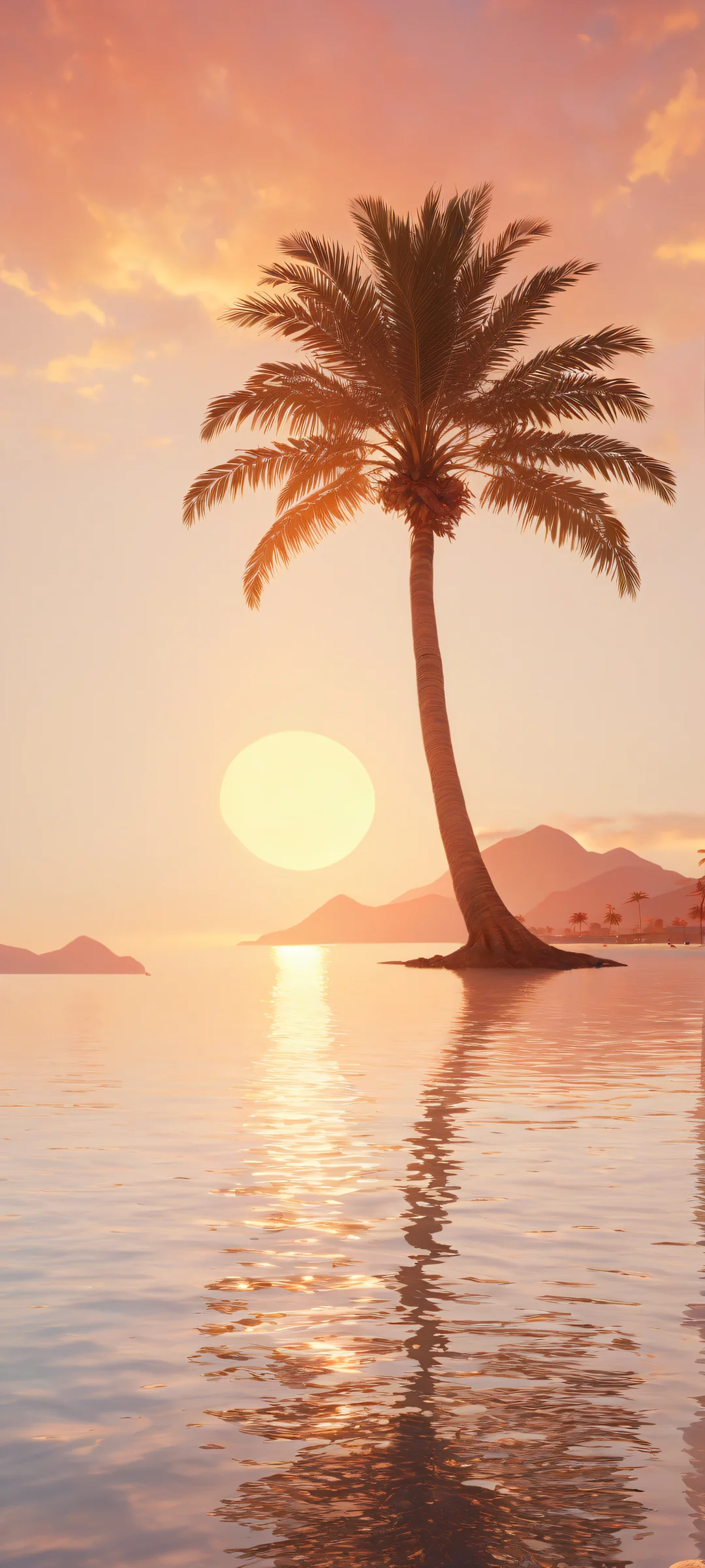 A majestic palm tree stands tall on a serene island landscape against a breathtaking sunset sky, perfect for iPhone/Android home screens.