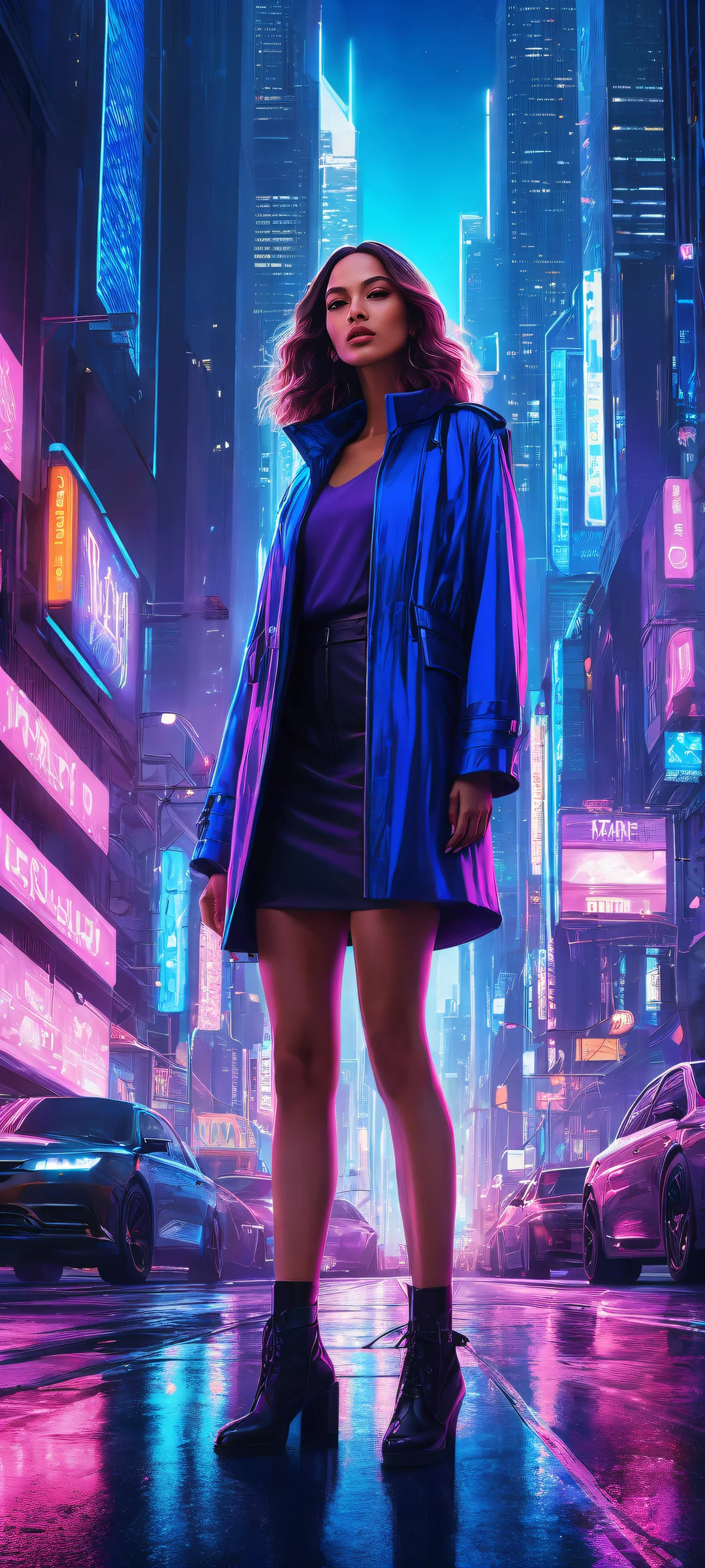 iPhone/Android exclusive artwork featuring Panam Palmer set against a futuristic cityscape with intricate details and neon-lit alleys.