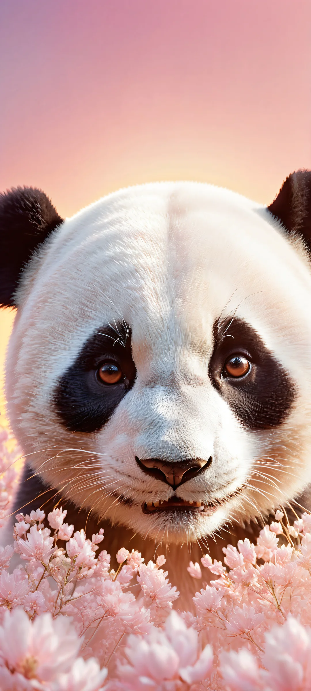 Adorable panda boy with intricate micro-details of his smiling face against a peaceful background, perfect for iPhone/Android home screens.