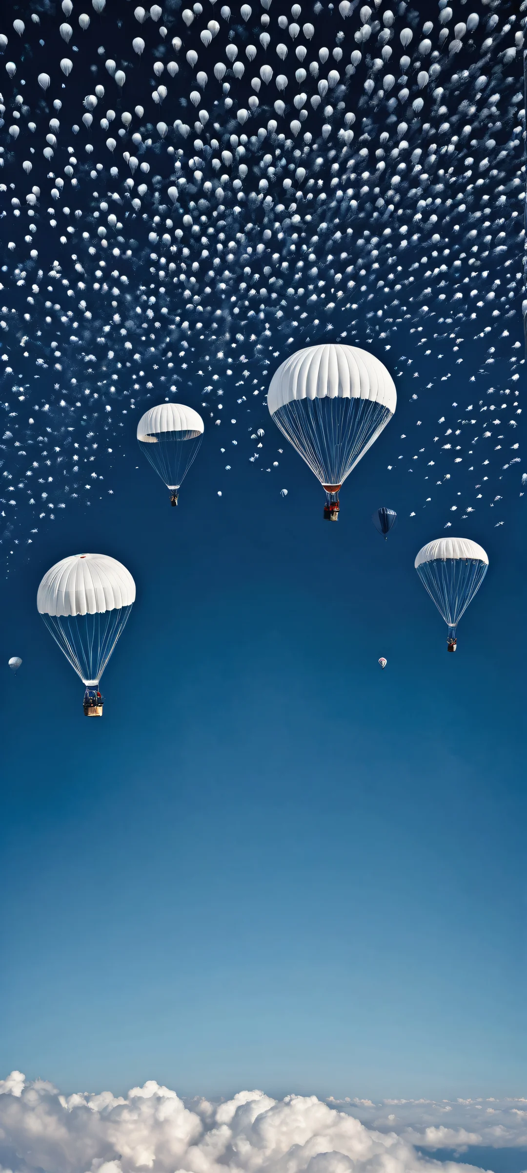 iPhone/Android wallpaper of parachutes against a pure blue background, with intricate micro-details and luminescent accents in dark mode aesthetic.