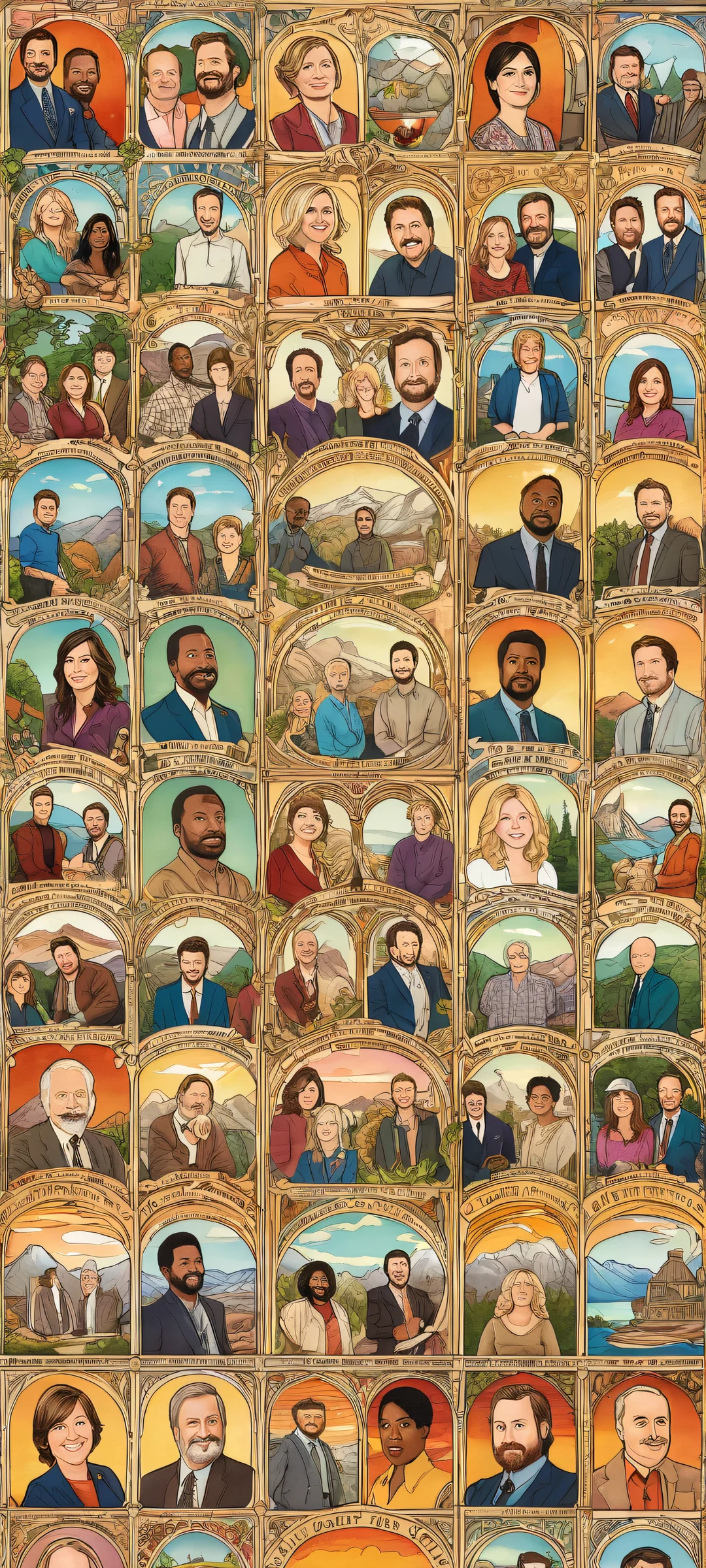 A beautiful iPhone/Android wallpaper featuring the Parks and Recreation cast in a stunning vertical portrait with intricate details and soft, ethereal lighting.