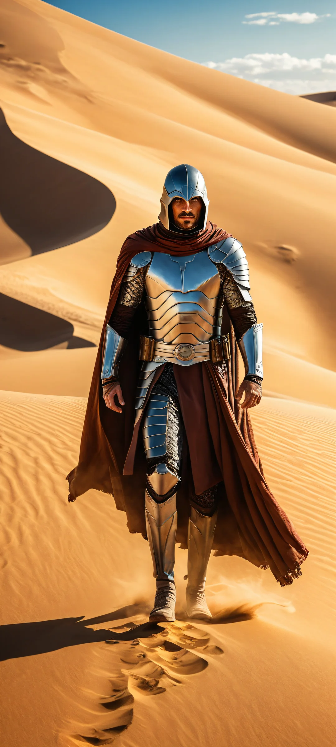 Ethereal portrait of Paul Atreides in stunning desert landscape on iPhone/Android wallpaper, blending seamlessly into the background for a mesmerizing desktop experience.