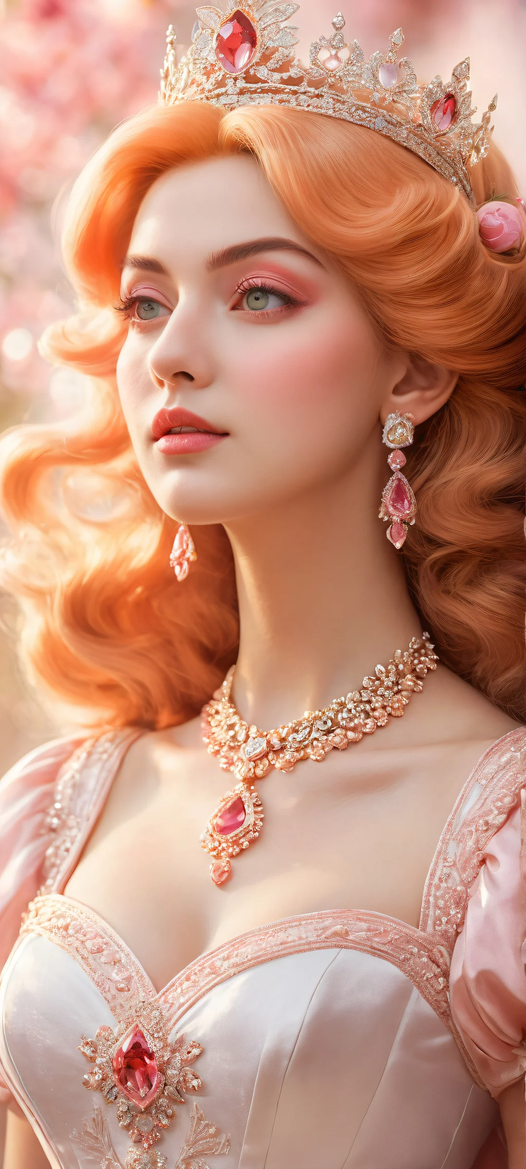 Princess Peach portrait with insane micro-details on her iconic red hair and delicate features. Perfect for iPhone/Android home screens.