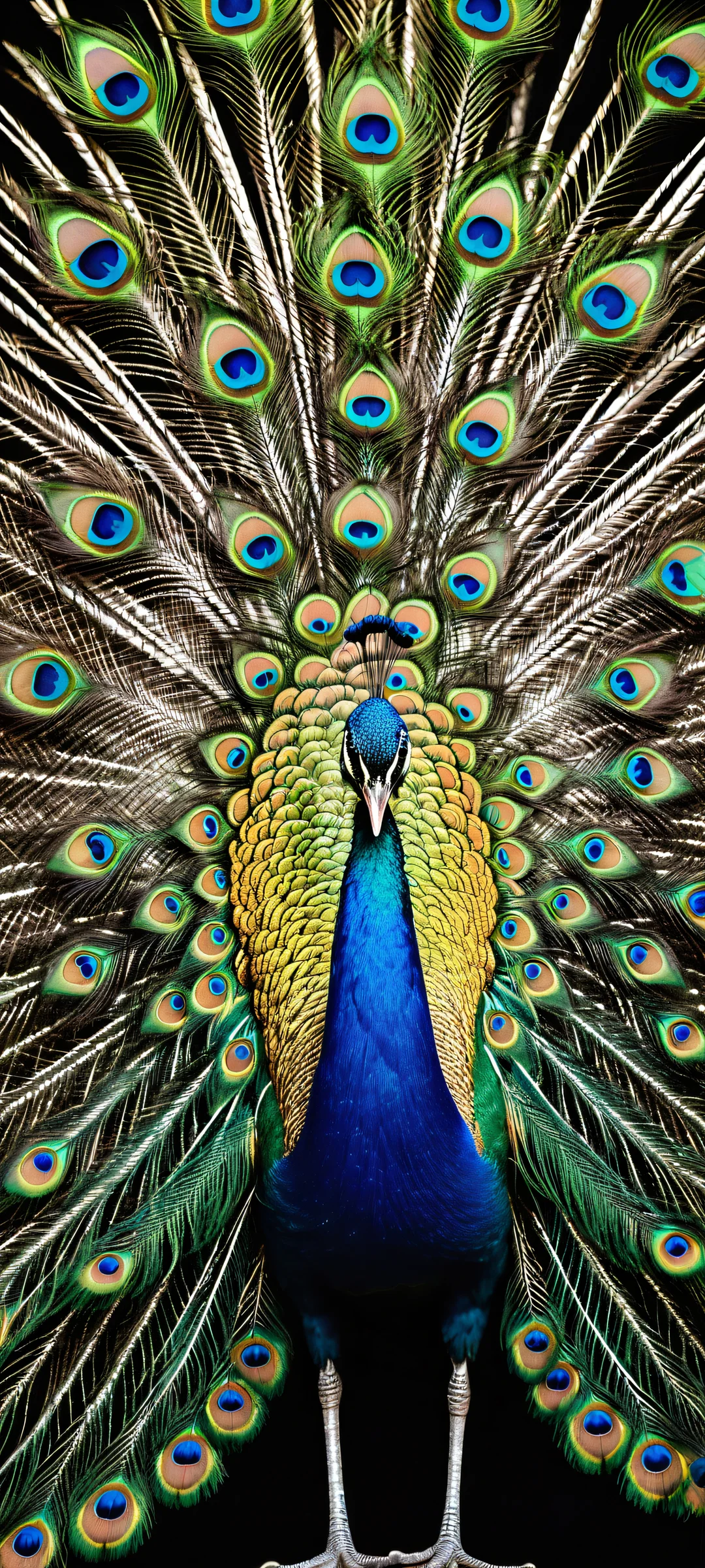 A majestic peacock standing proudly in the lower-middle with intricate details on iPhone/Android devices