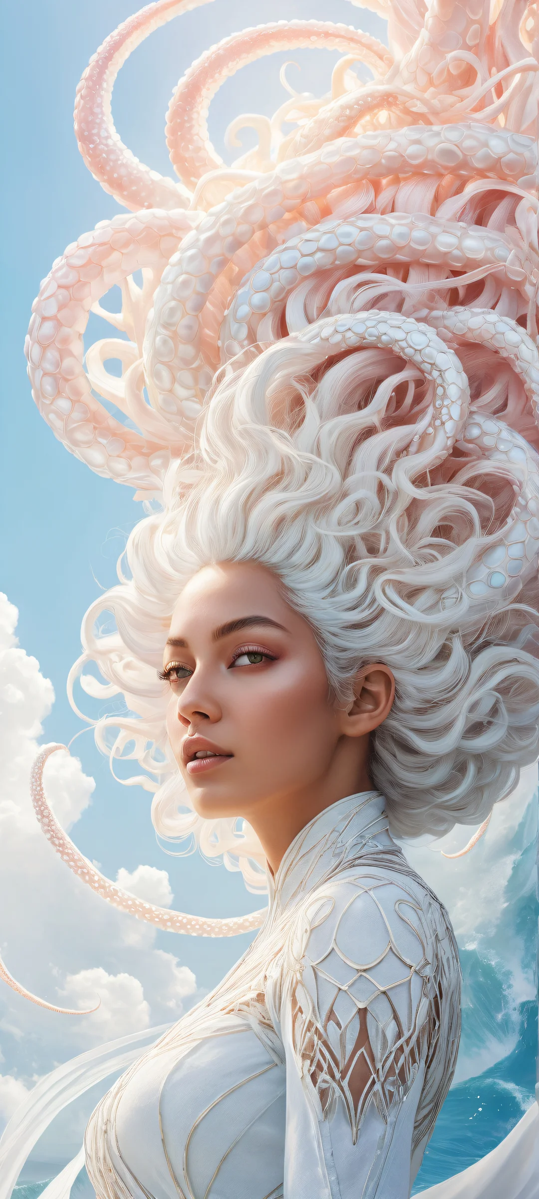 iPhone/Android wallpaper featuring Pearl and Marina with intricate tentacle hair details, set against a pristine white background for optimal UI design