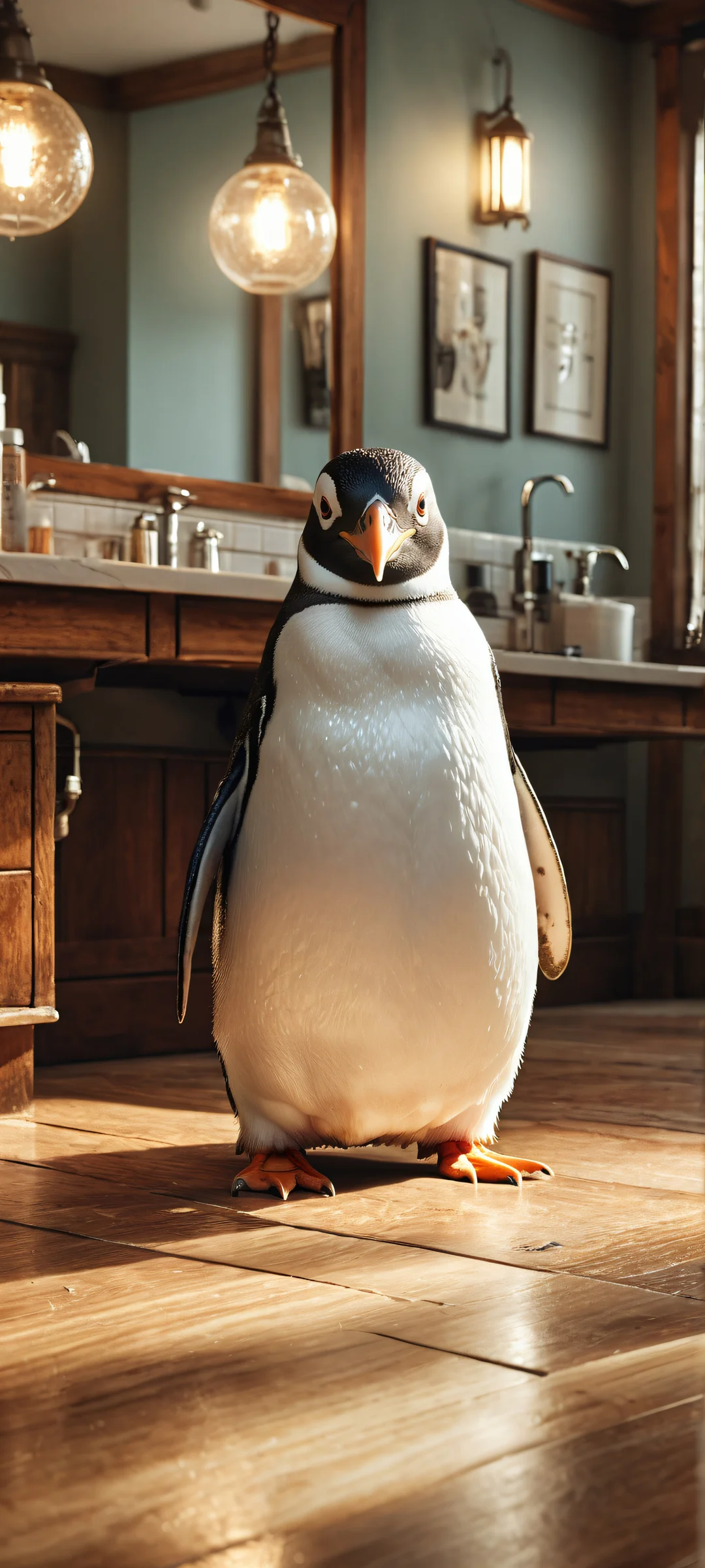 A startled penguin in a vintage barbershop setting, perfectly optimized for iPhone and Android home screens.
