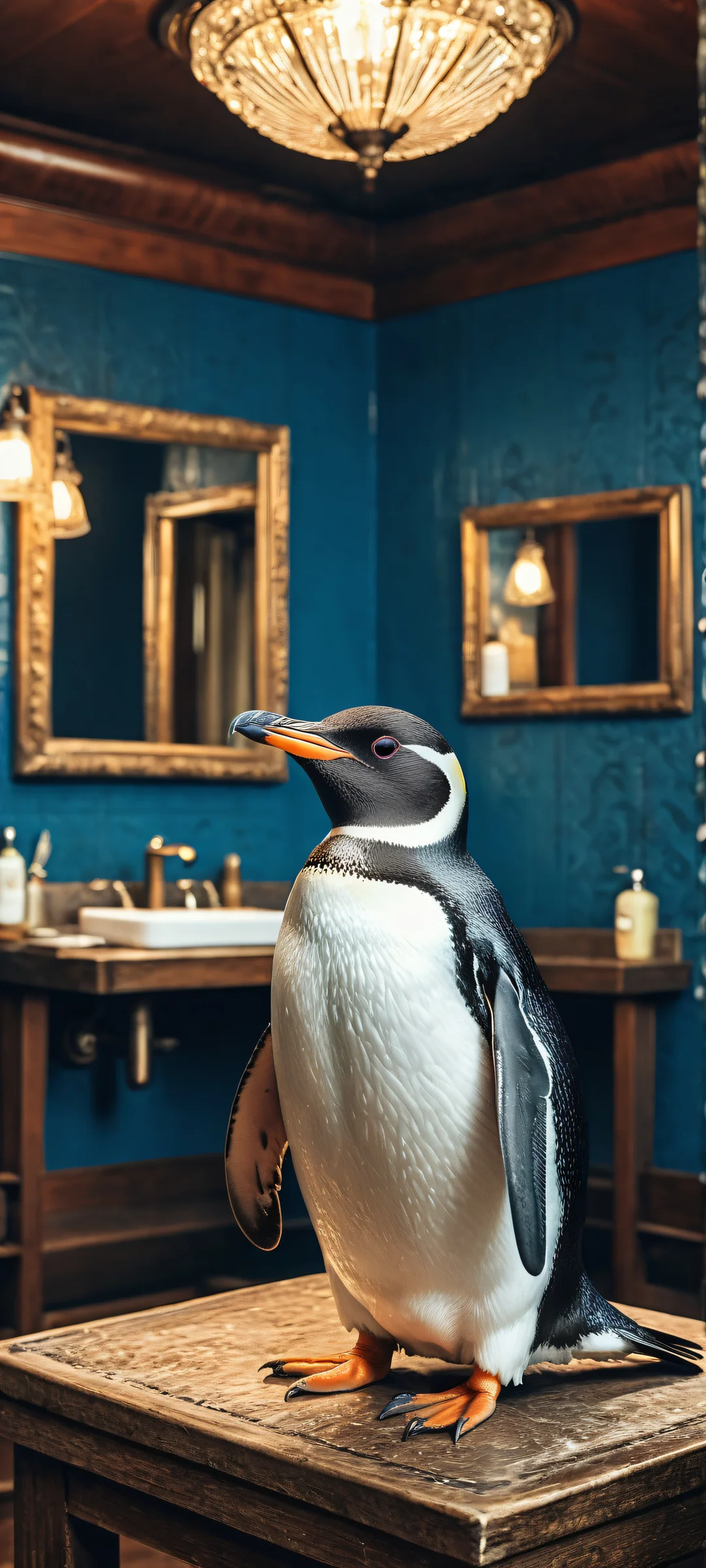 A plump penguin in a vintage barbershop, iPhone/Android compatible wallpaper with intricate details and surreal atmosphere.