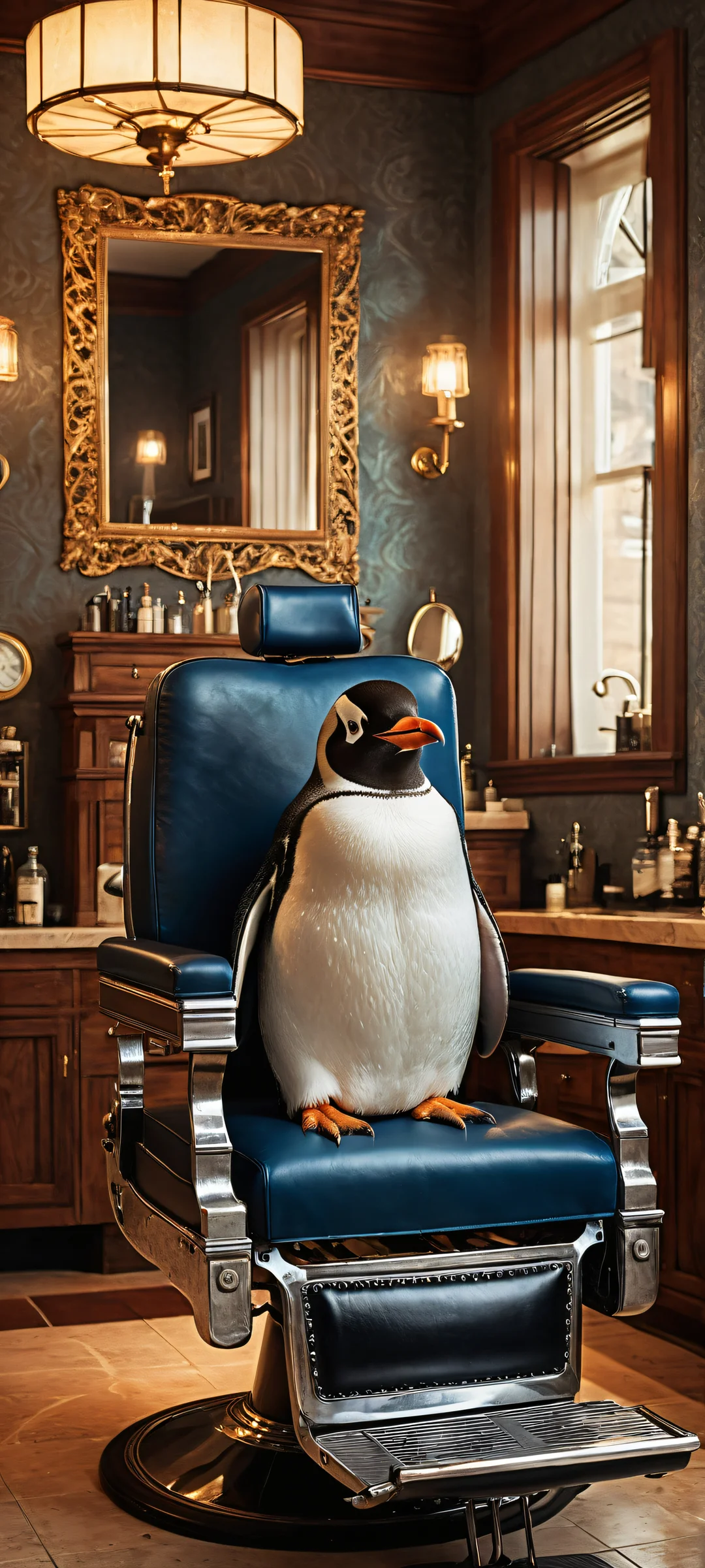 A penguin in a barber chair getting a haircut by a human male barber. Perfekt für iPhone- und Android-Startbildschirme.