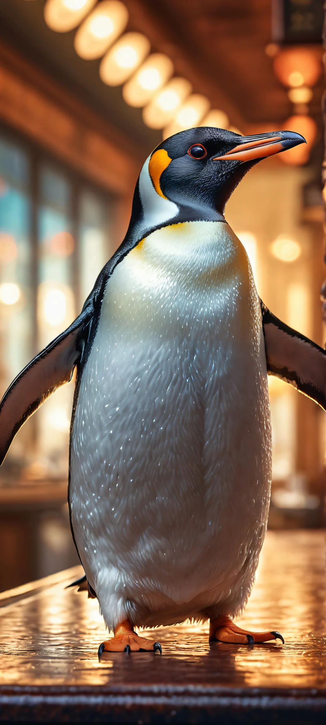 A penguin looking frustrated in a vintage barbershop setting on an iPhone/Android phone or tablet.
