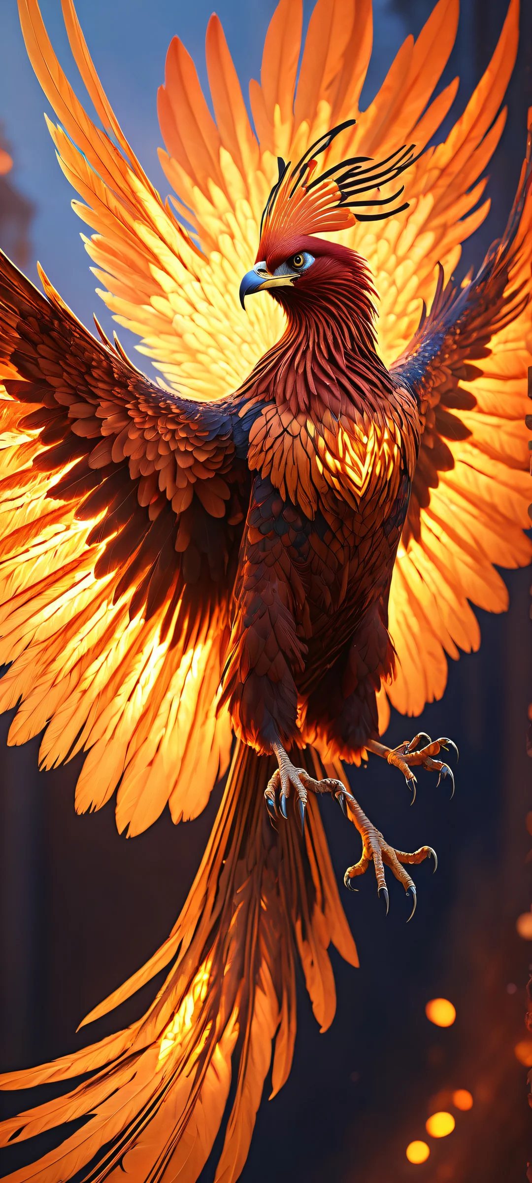 A majestic phoenix on iPhone/Android home screens, with radiant golden light and intricate micro-details.