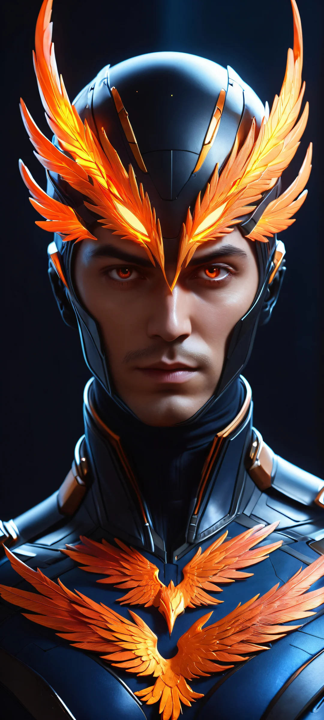 A breathtaking portrait of Phoenix from Valorant, iPhone/Androidのホーム画面に完全に最適化. With intricate details and a stunning dark mode aesthetic.