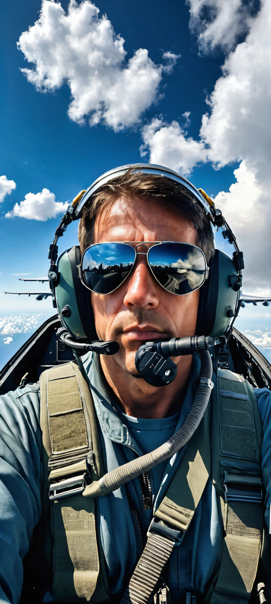 A stunning portrait of a pilot in the cockpit of an A-10 Thunderbolt II, perfectly optimized for iPhone and Android home screens. The top half features a breathtaking landscape with clouds and the sky's brilliant blue hue.