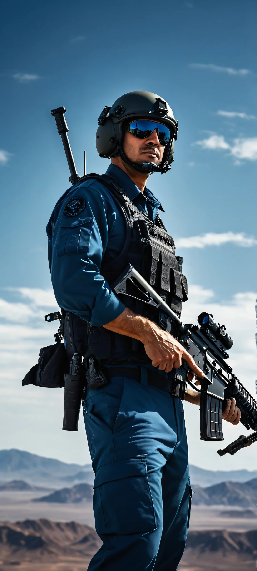 Pilot's Perch 2K QHD Mobile Wallpaper A pilot stands out against a vast blue sky, with rifles and Glock 17 in the foreground. Perfect for iPhone/Android home screens.