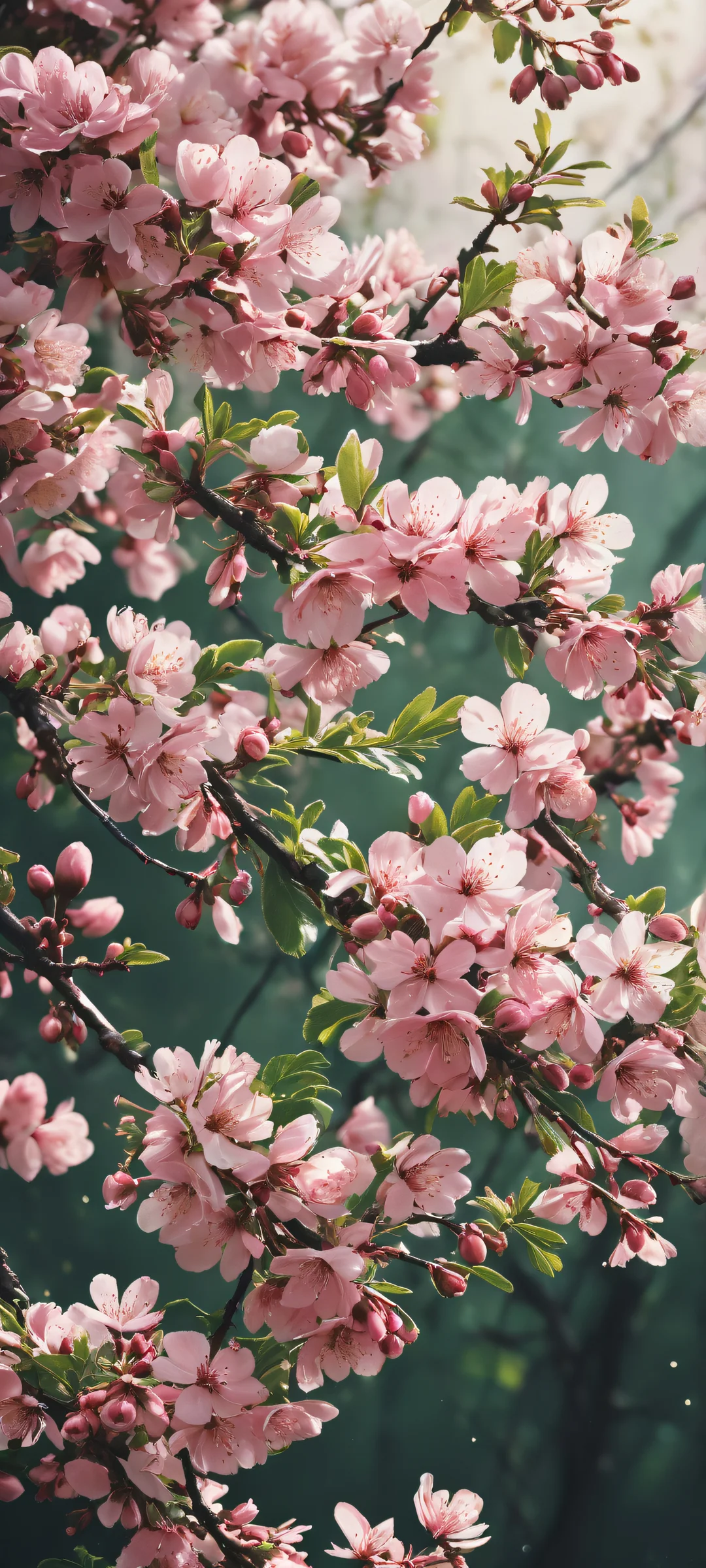 Delicate pink blossoms on a dark green background for iPhone and Android devices.