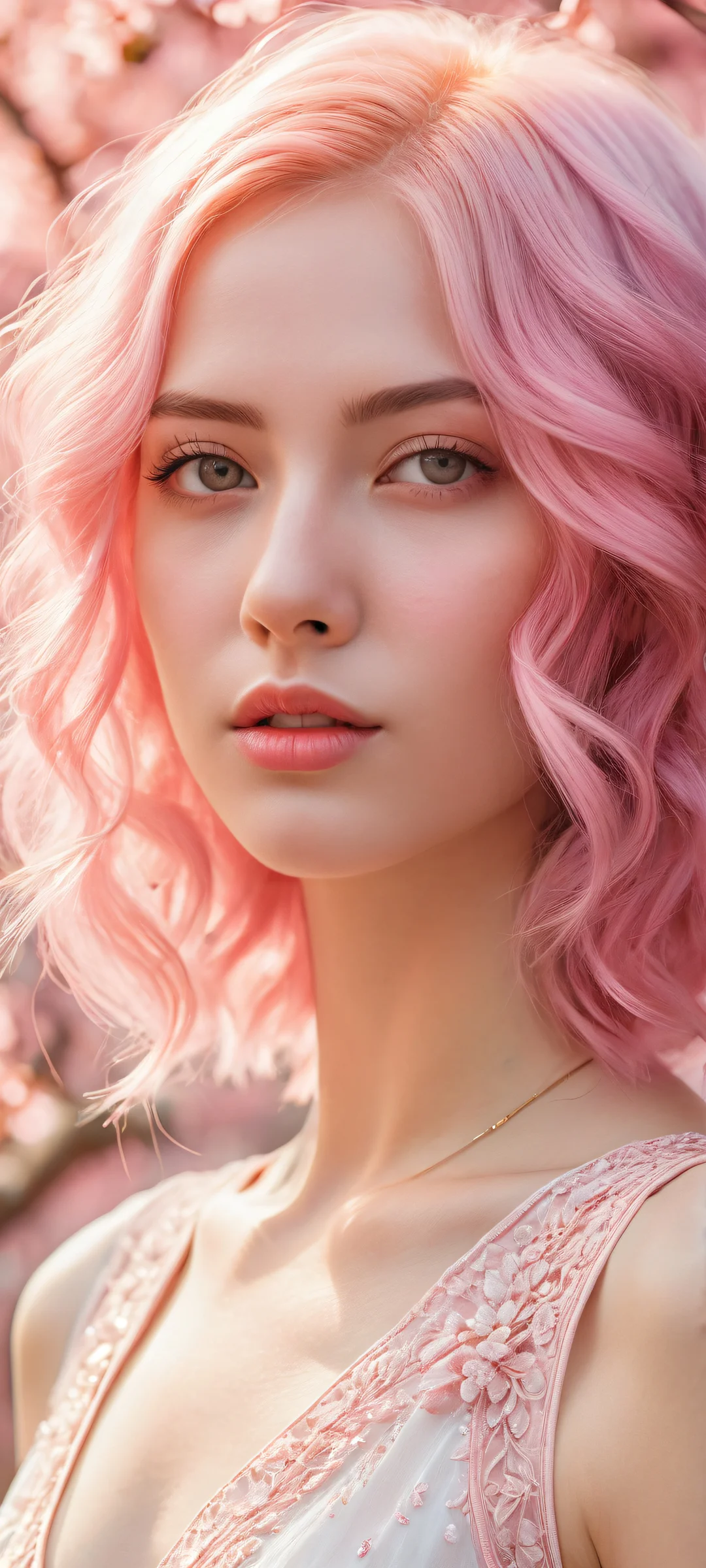 A stunning vertical portrait of a girl with pink hair on an iPhone/Android home screen, featuring intricate details and subtle gradient effects.