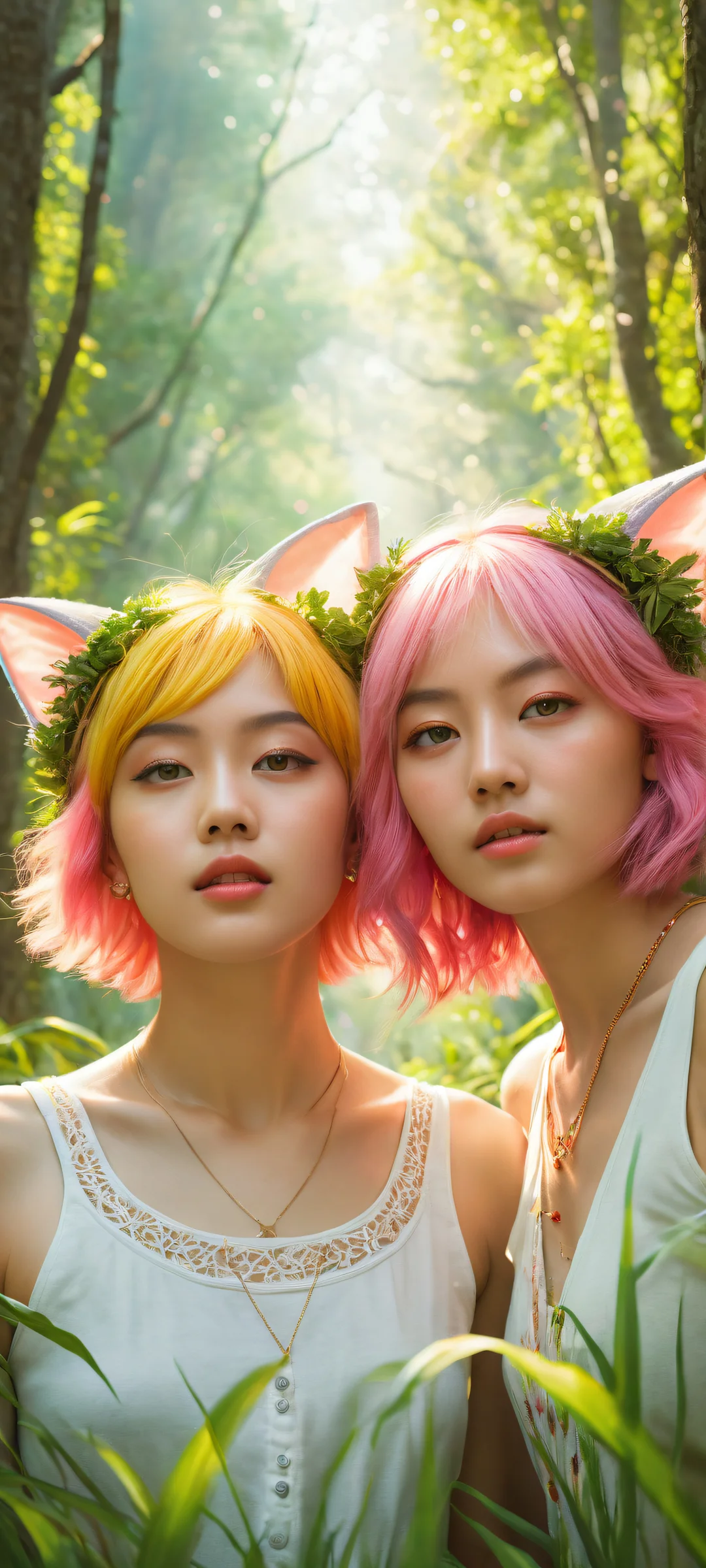 Two girls with pink hair and animal ears on an iPhone or Android home screen, with a vast pure void and lush grass in the background.