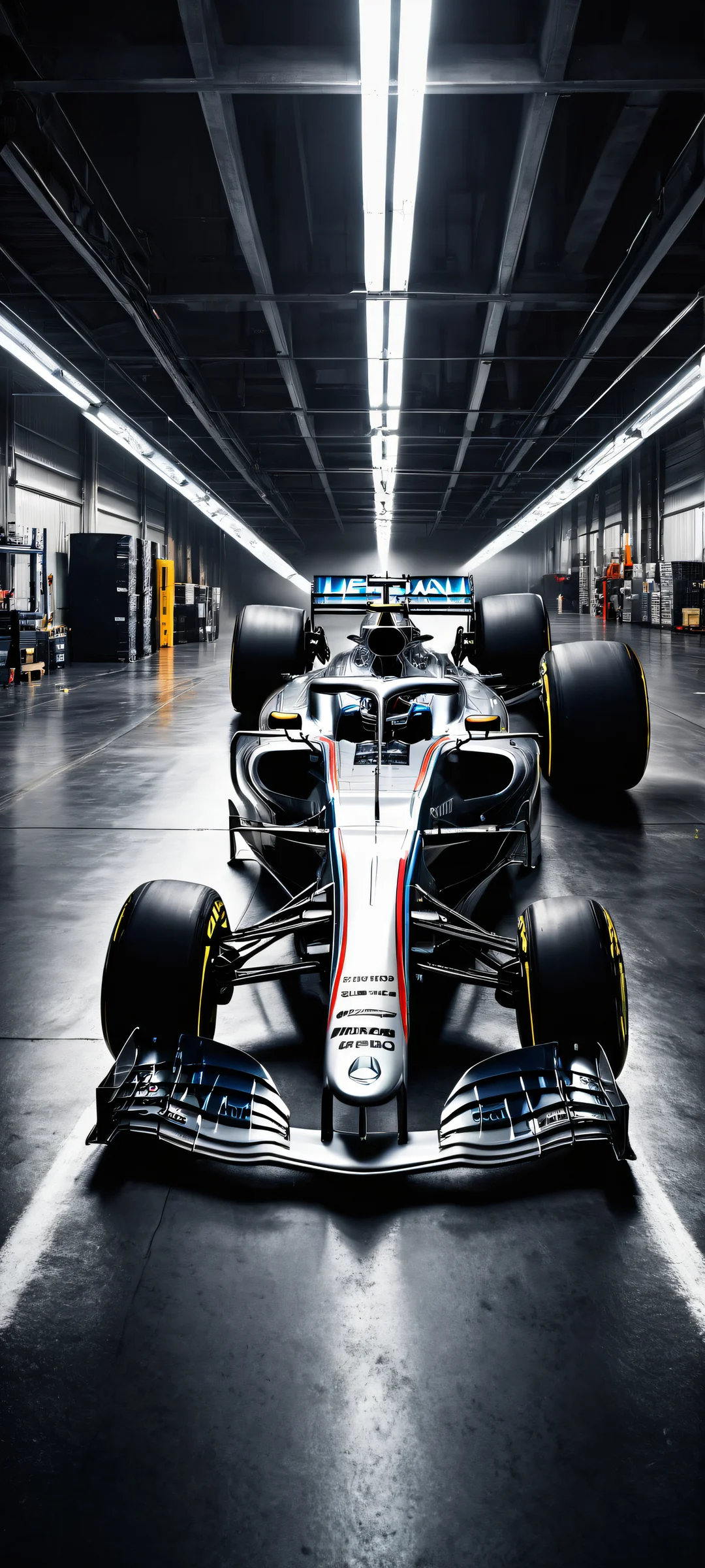 Formula 1 vehicle in a dimly lit garage against a vast pure void, Perfectamente optimizado para pantallas de inicio de iPhone/Android..