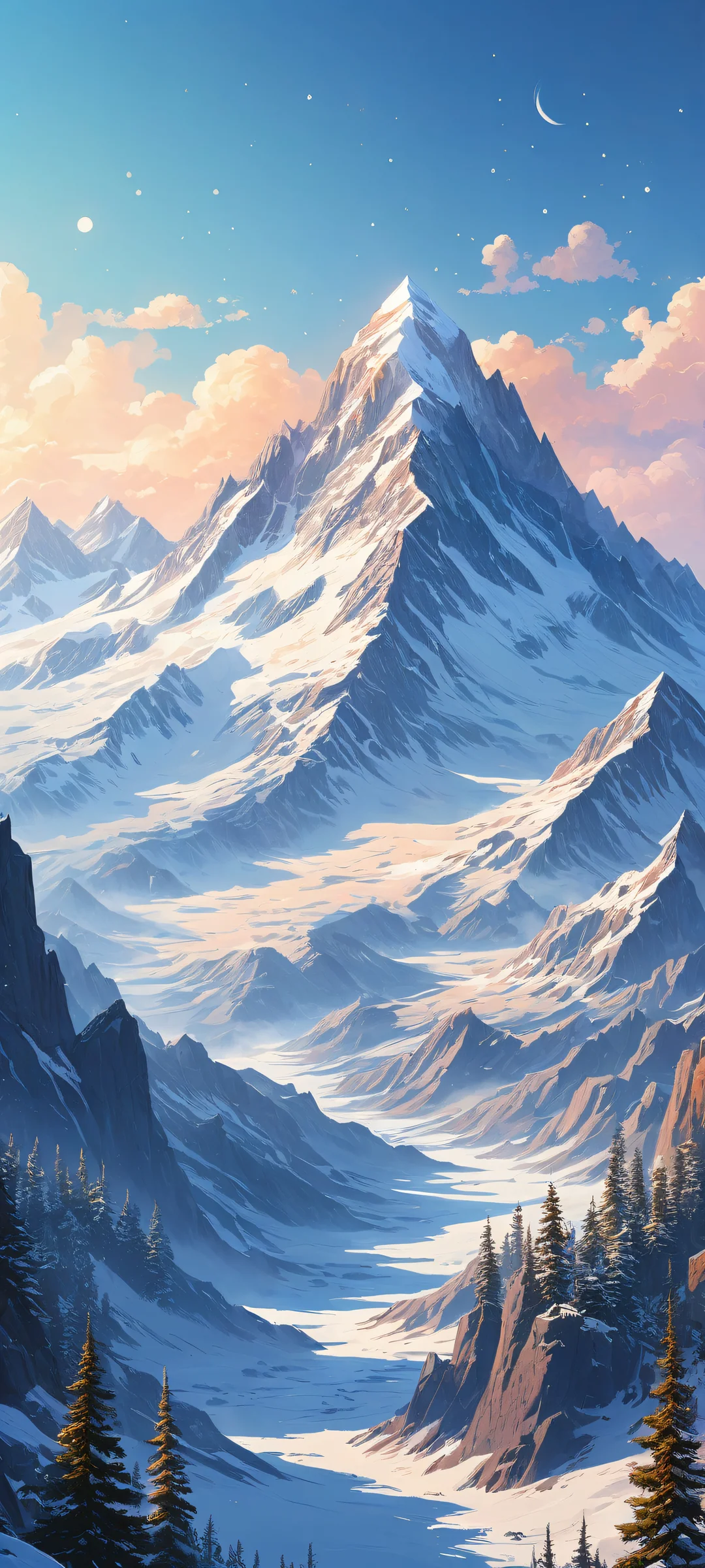 A breathtaking vertical portrait artwork of a pixelated mountain range placed in the lower-middle, perfectly clean and empty top half with vast pure void, gradually transitioning to a serene snowy landscape in the bottom half with rocks scattered throughout. iPhone/Android compatible.