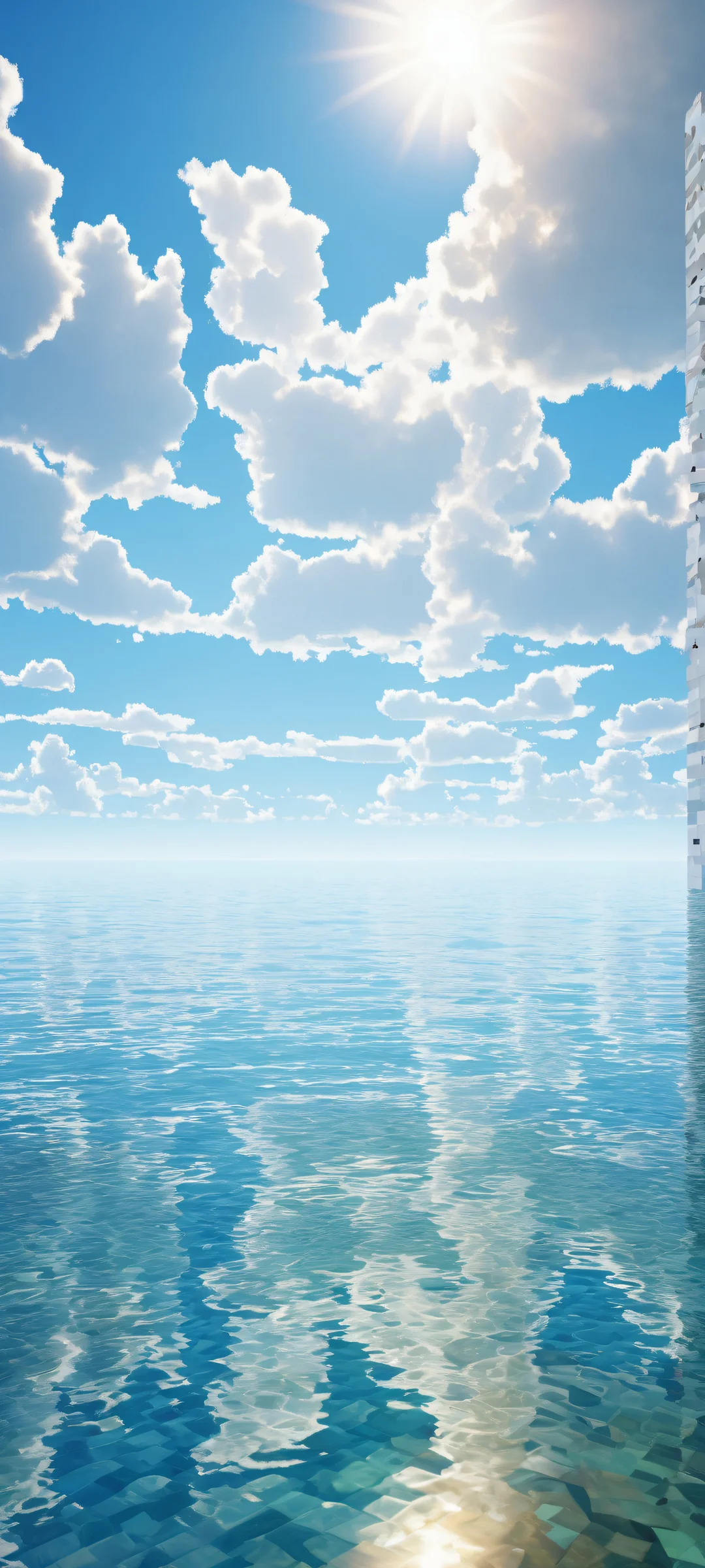 Beautiful pixel art of Minecraft-inspired landscape on iPhone/Android screen, with ethereal lighting and serene colors.