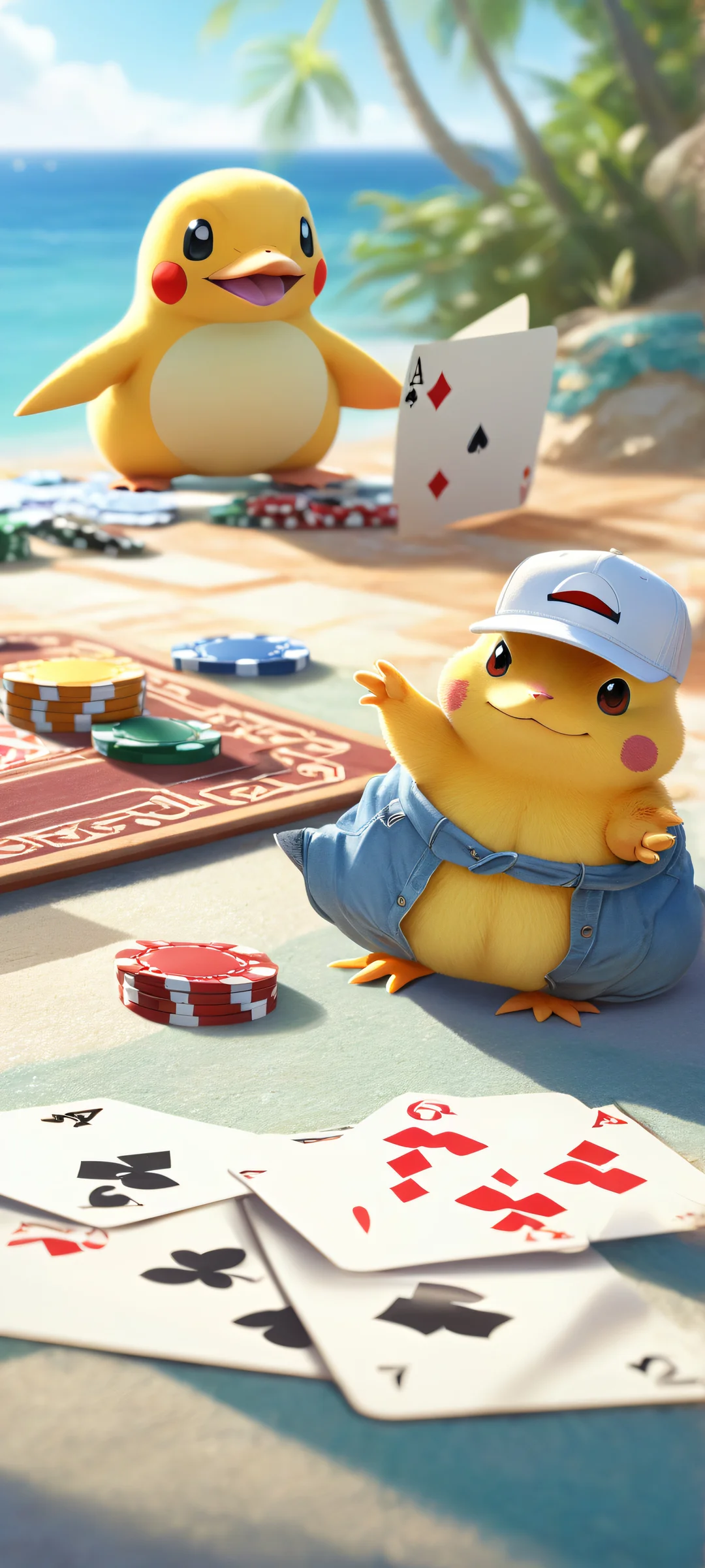 A trio of Pokémon - Psyduck, Slowpoke, and Quagsire - try to play poker together on a serene background, featuring iPhone/Android home screens.