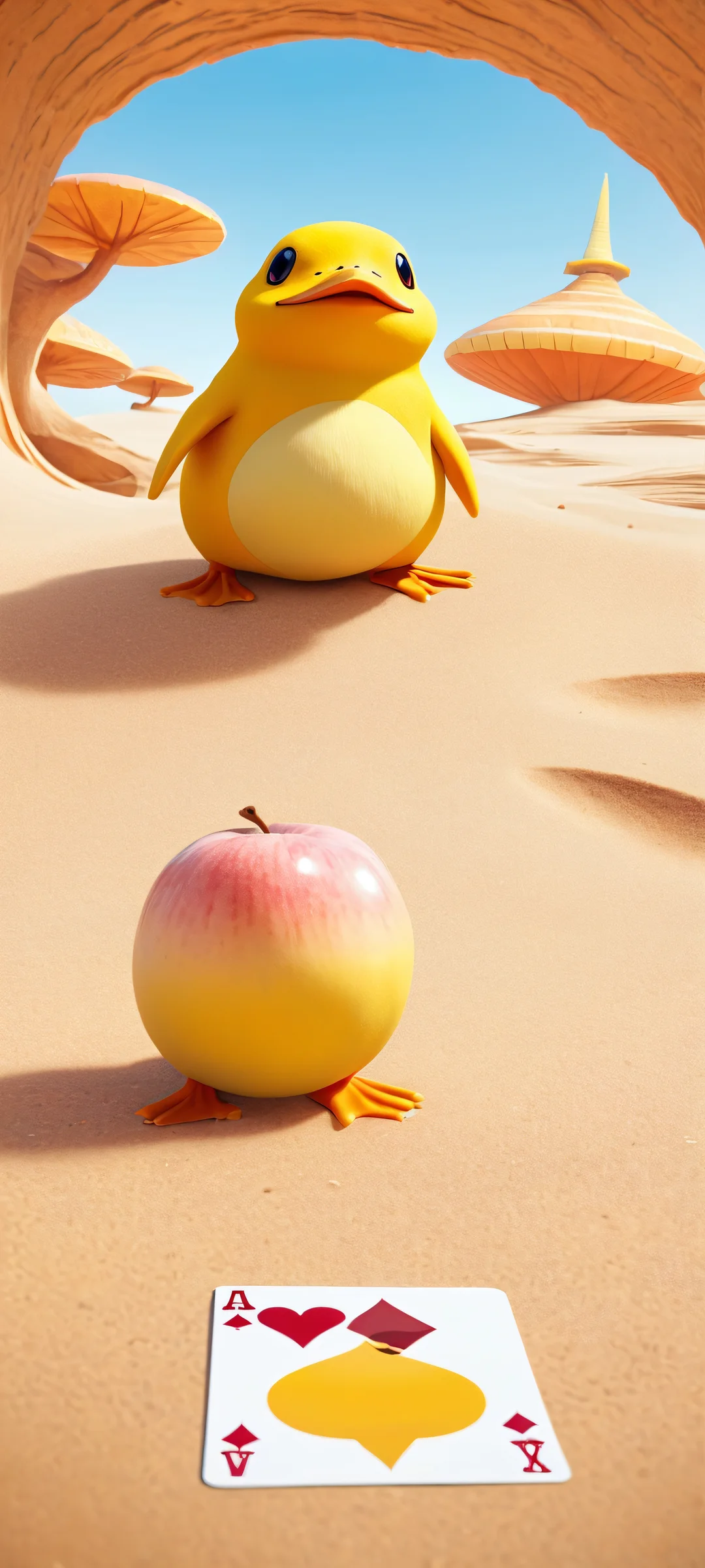 Psyduck, Slowpoke, and Quagsire confused by poker chips and cards on a sandy dune background with iPhone/Android in the distance.