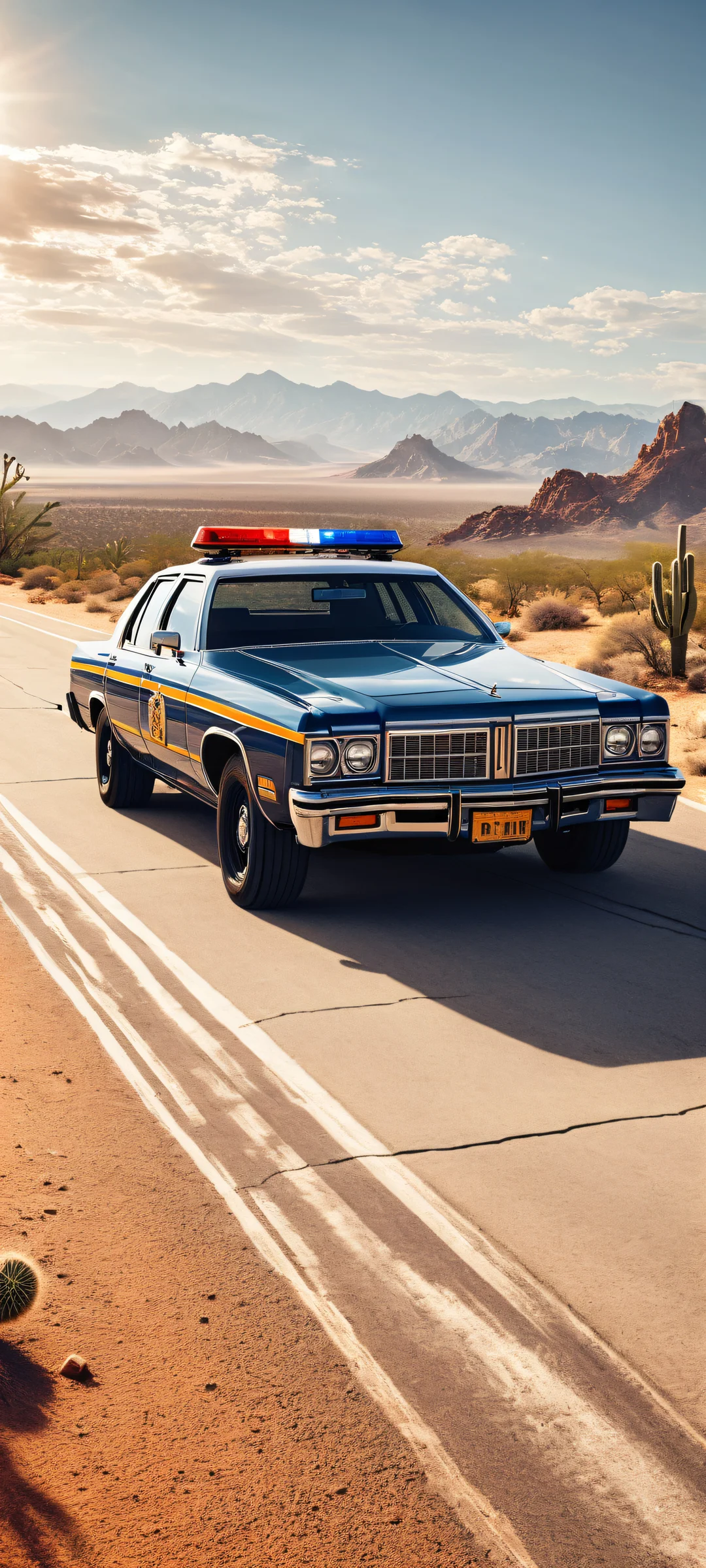 A stunning vertical portrait of Police Cars placed in the lower-middle with intricate details against a vast desert landscape, perfect for iPhone and Android devices.