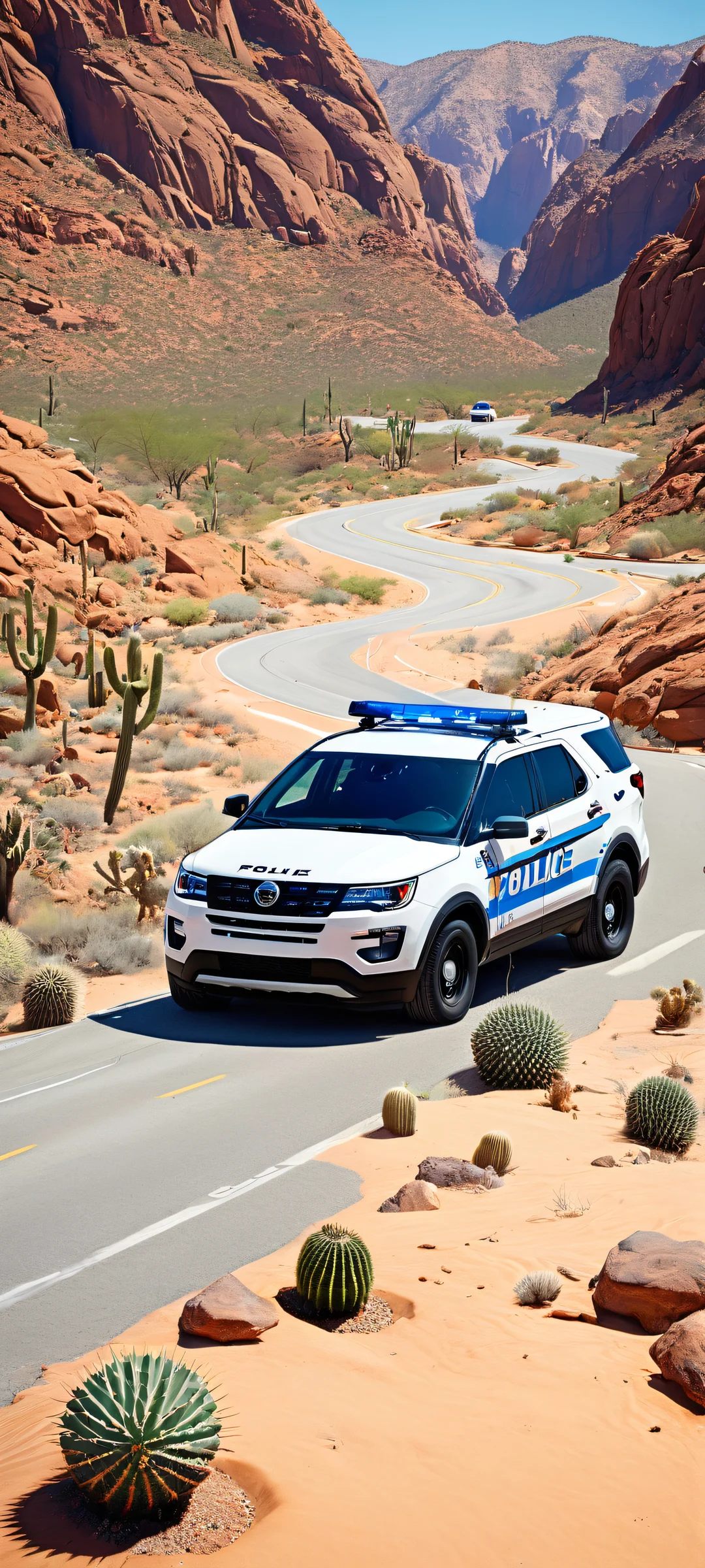 Breathtaking digital artwork of police cars against a vast desert landscape with iPhone/Android-compatible design