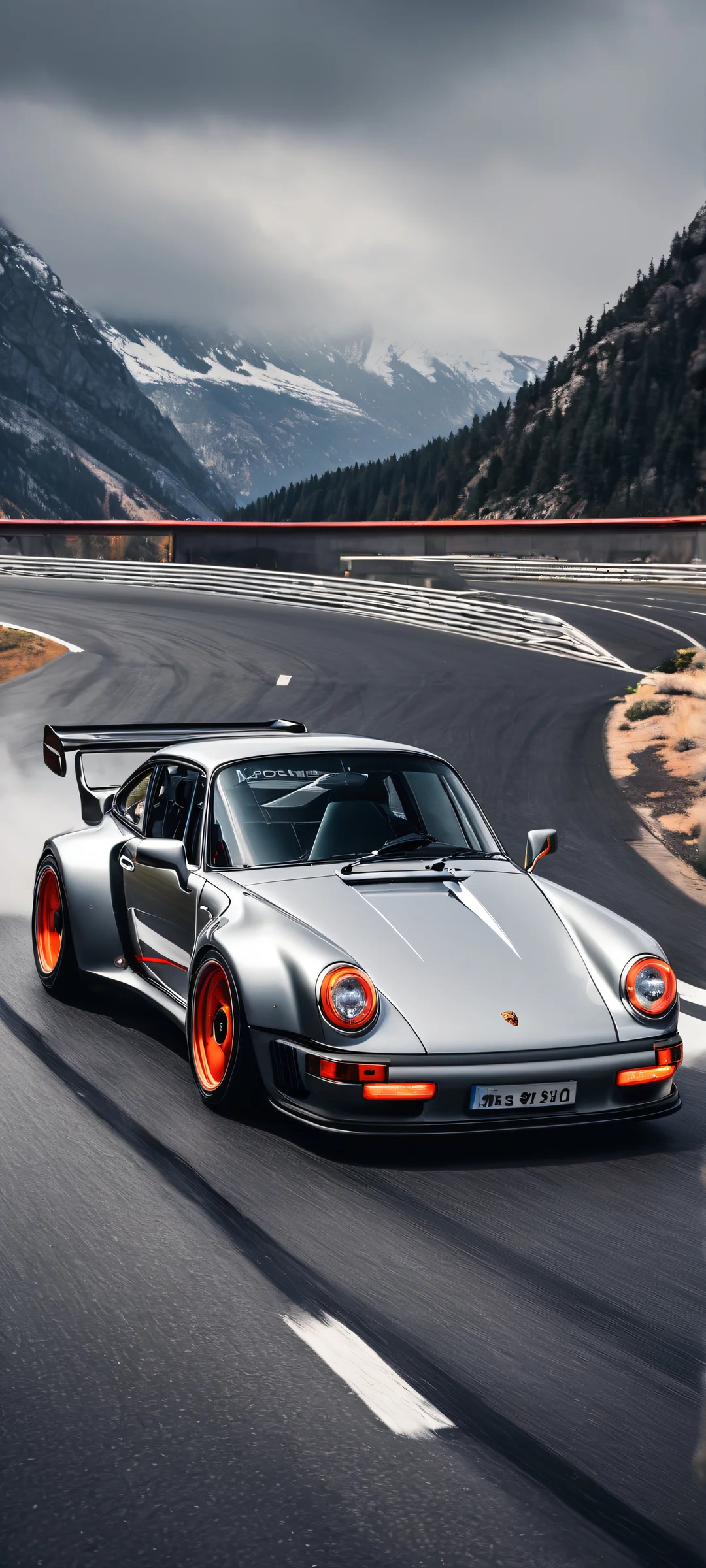 iPhone/Android background featuring Porsche 963 RSP in a sleek dark mode aesthetic with metallic silver, racing red, and matte black details.