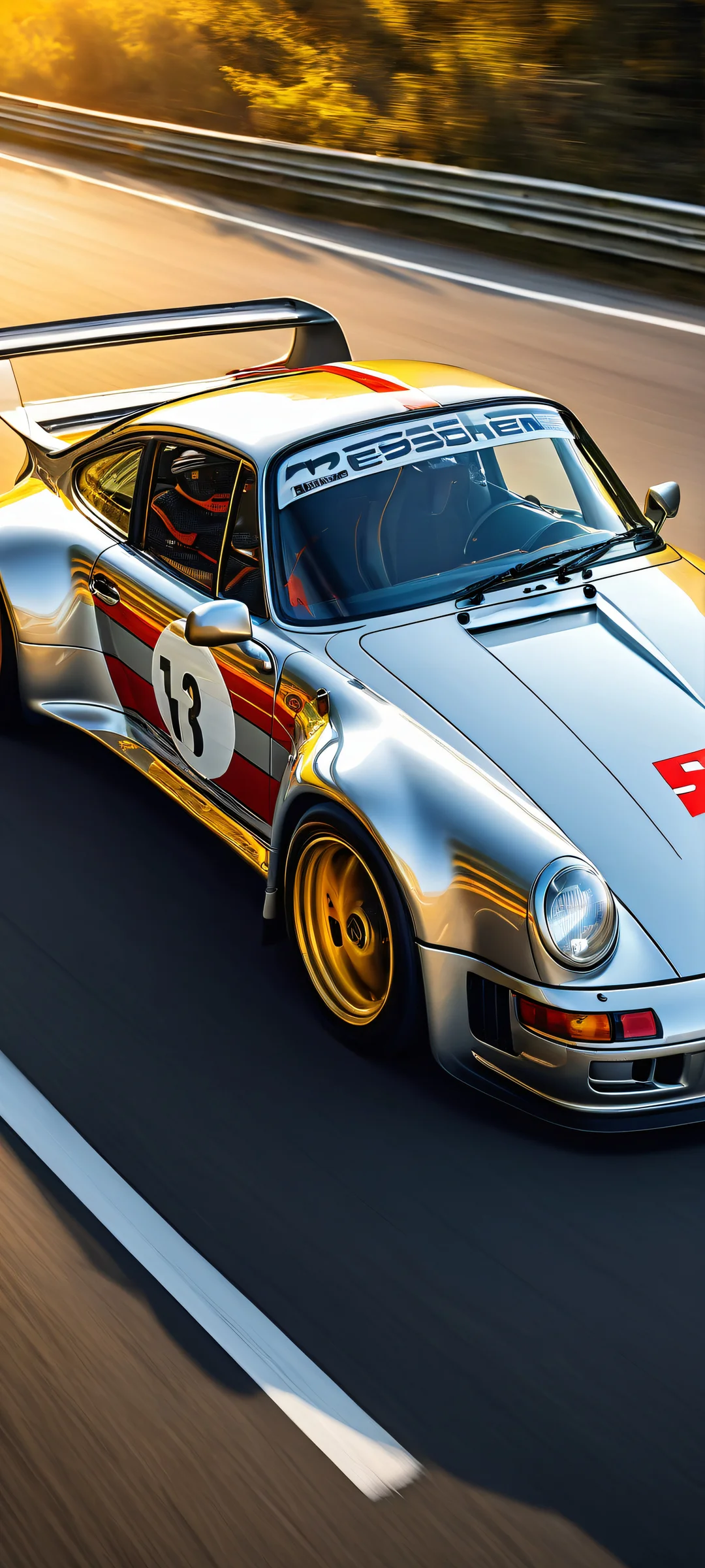 A stunning vertical portrait of Porsche 963 RSP on a Le Mans racing circuit, parfaitement optimisé pour les écrans d'accueil iPhone et Android.
