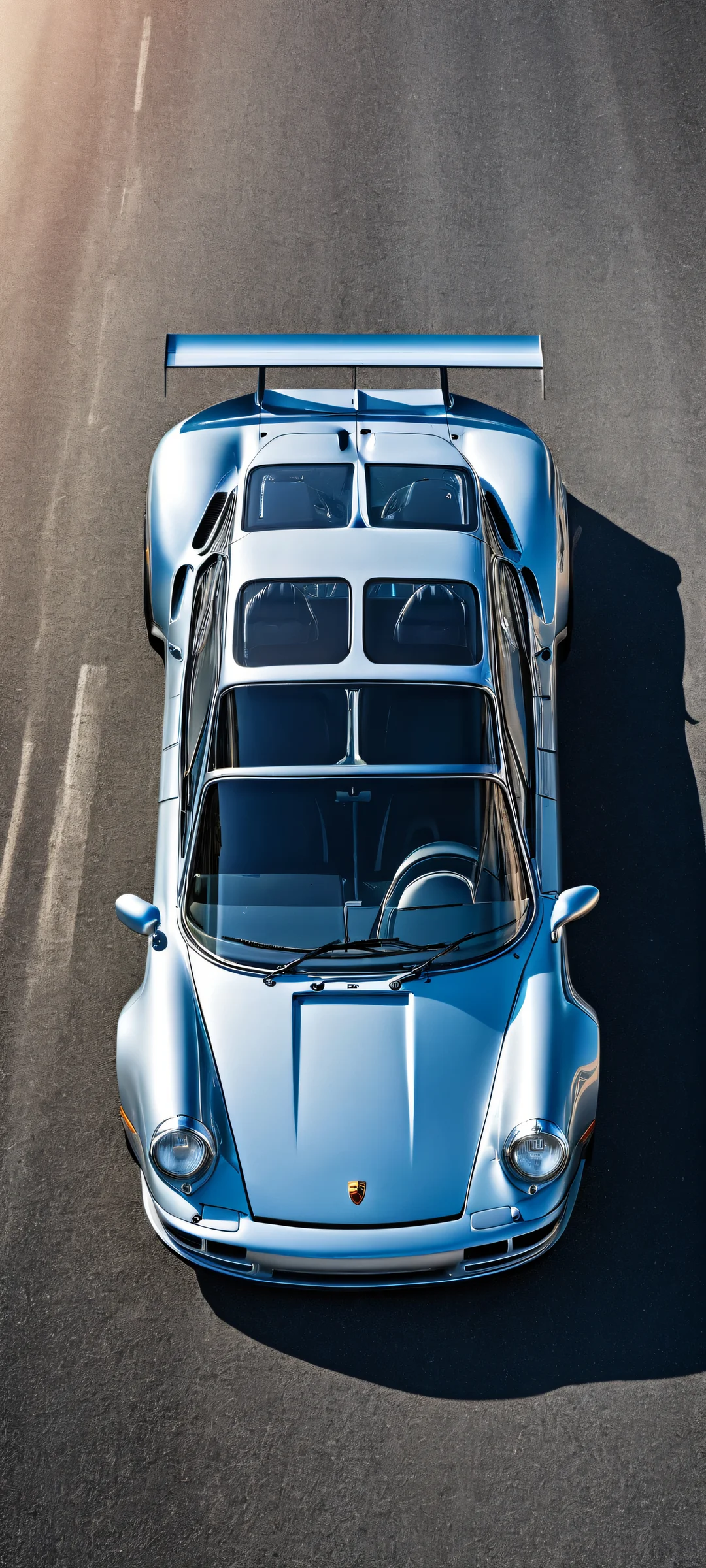 A stunning vertical portrait of a Porsche 963 RSP on an iPhone or Android device's home screen, with sleek design and racing components against a pure blue sky.
