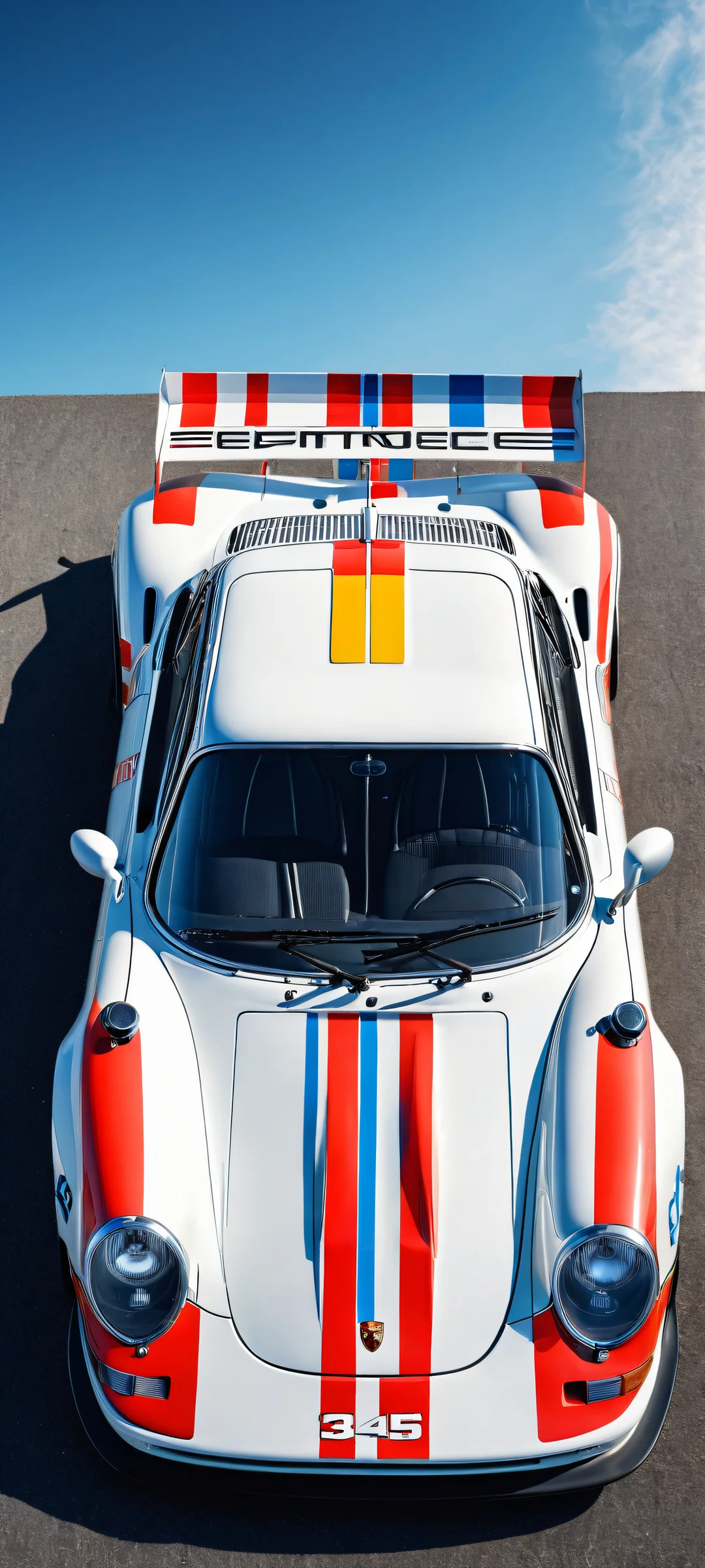 A stunning vertical portrait of the Porsche 963 RSP on a crisp blue sky, perfectly optimized for iPhone and Android home screens.