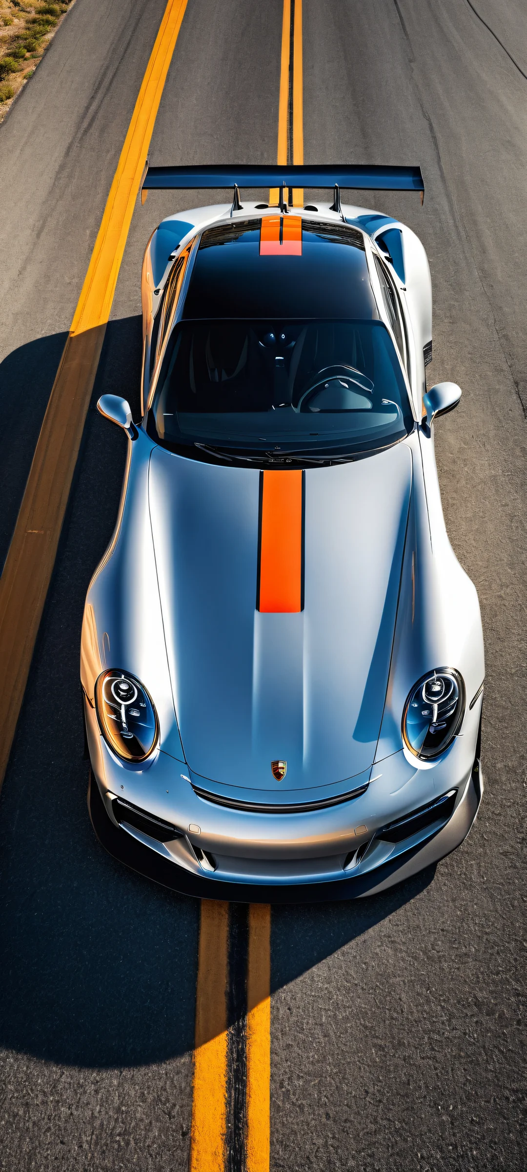 A sleek Porsche 992 GT3 racing vehicle against a winding race track, perfectly optimized for iPhone and Android home screens.