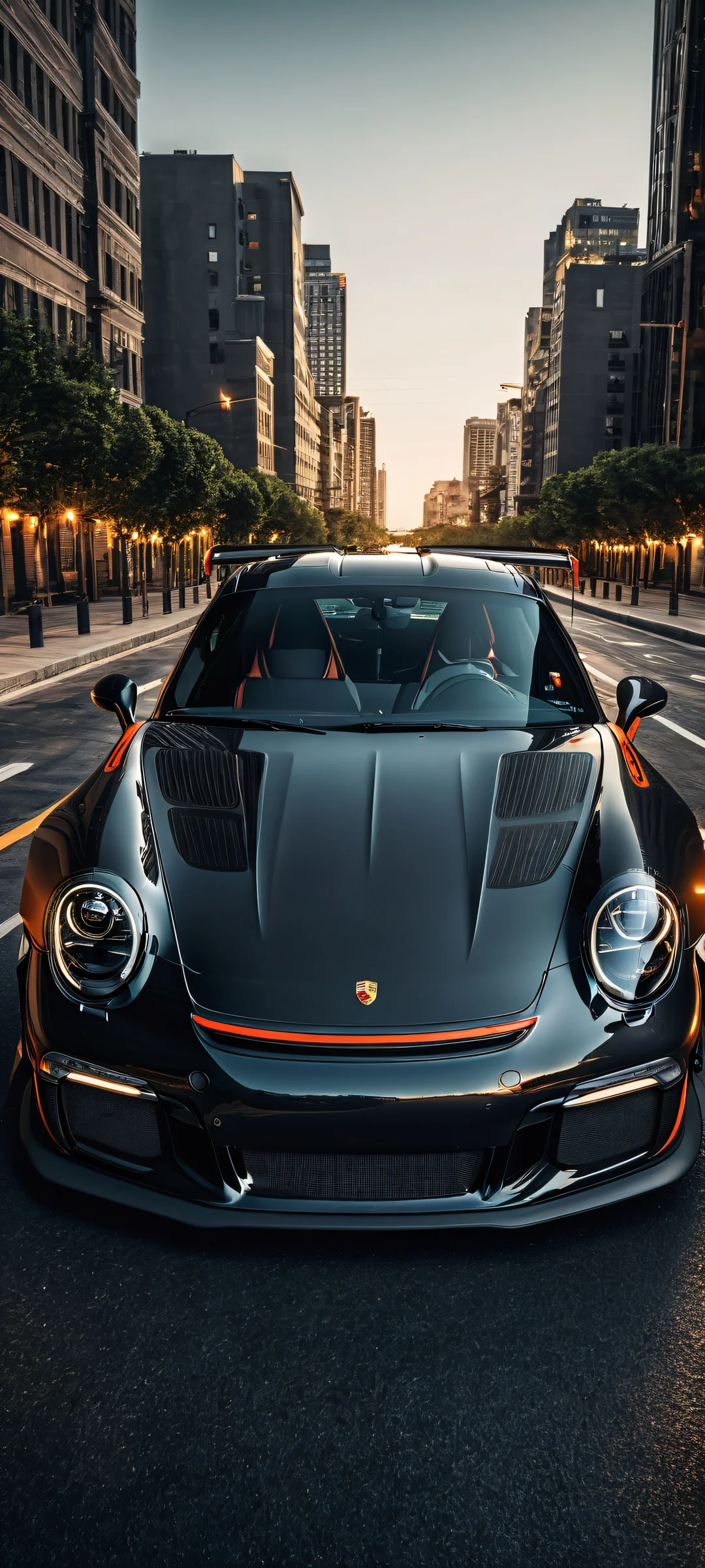A stunning iPhone/Android wallpaper featuring a breathtaking Porsche GT3 RS racing scene with intricate details of headlights and track surface.