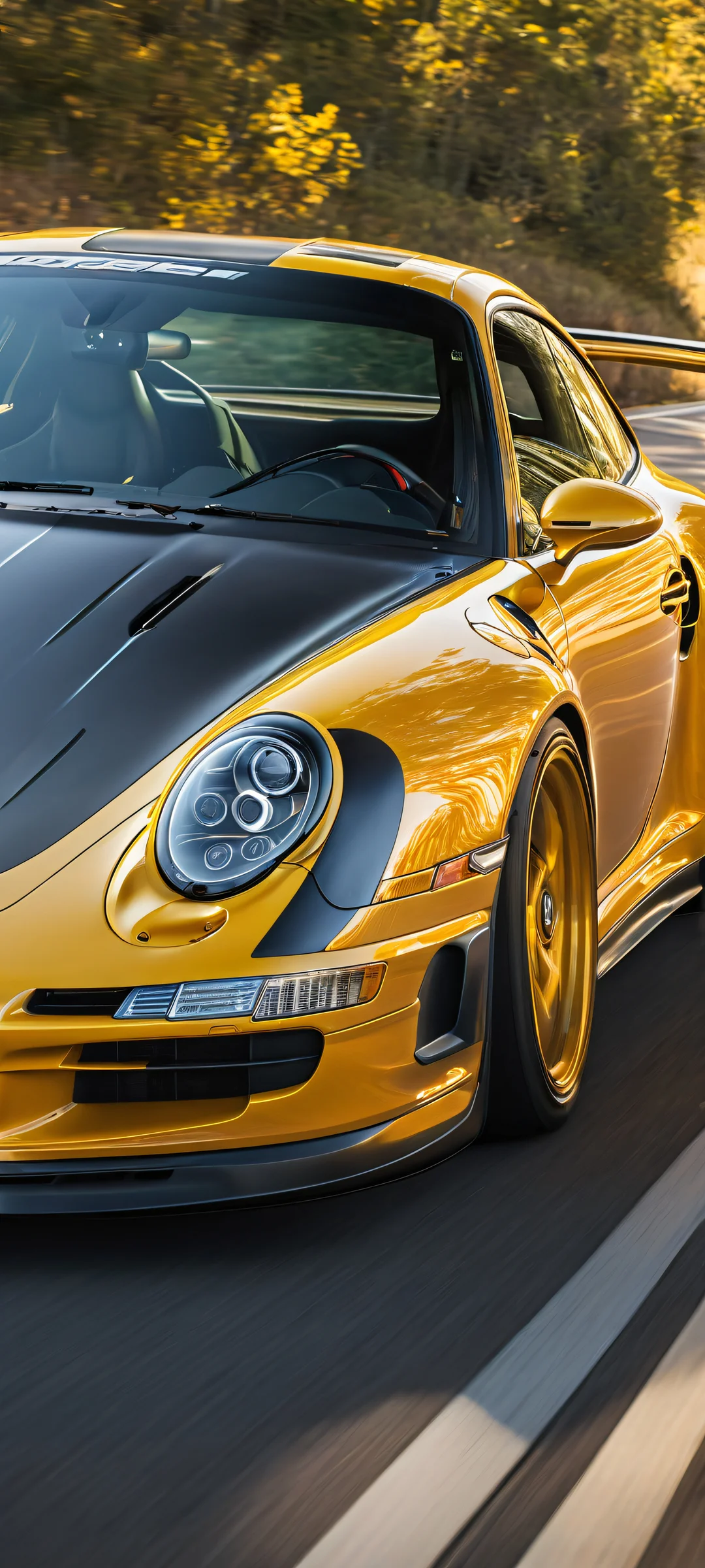 A beautifully rendered Porsche in motion, with intricate details and motion blur effects, perfectly optimized for iPhone/Android home screens.