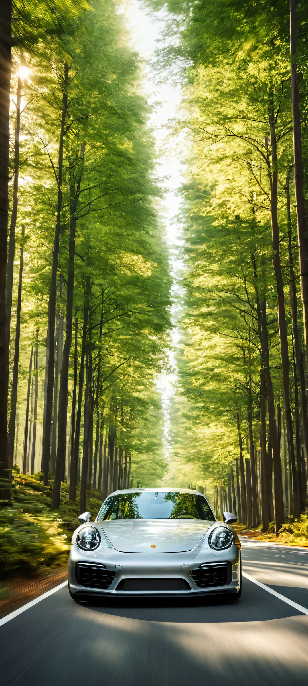 A stunning vertical portrait artwork of a Porsche situated amidst serene natural surroundings. Perfectly optimized for iPhone, Samsung Galaxy, and Android home screens.
