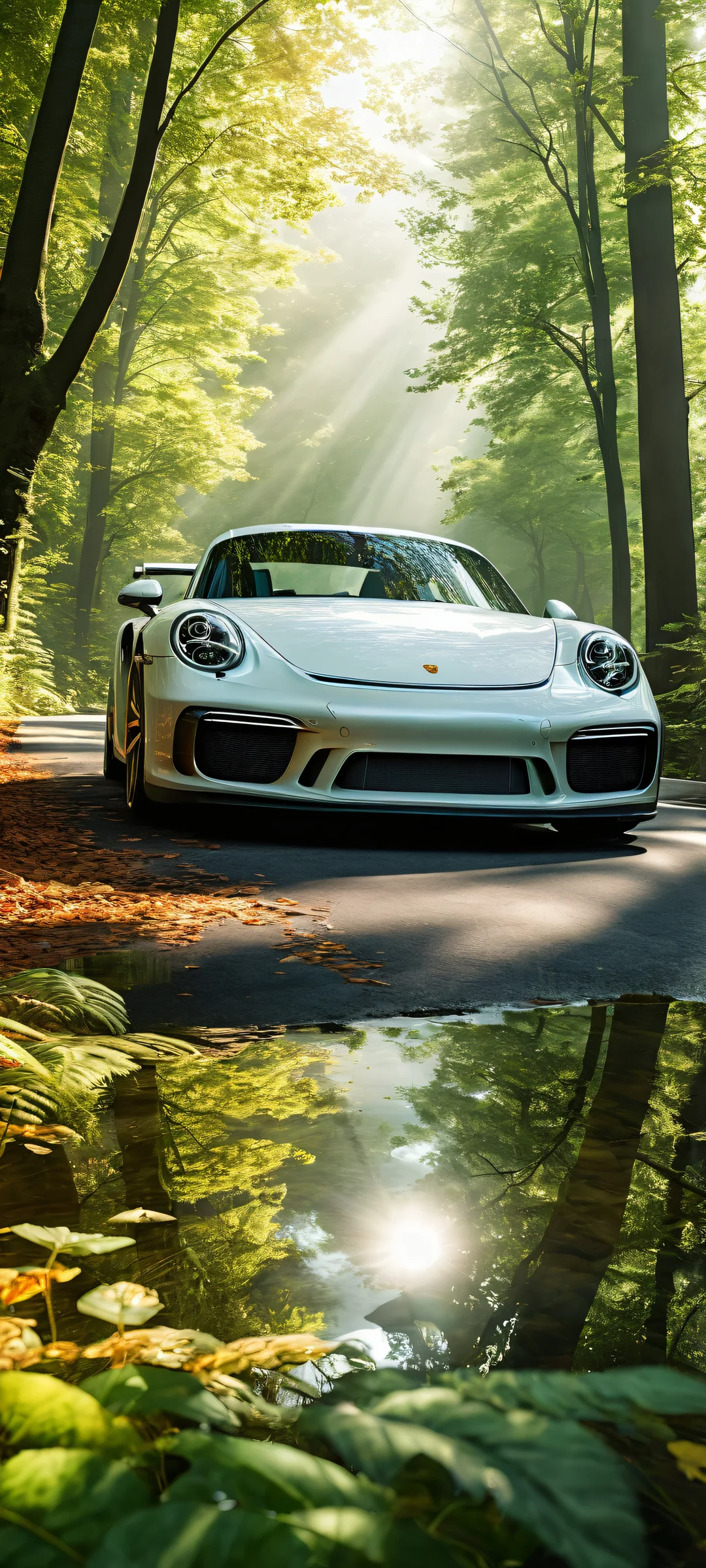 A serene landscape featuring a Porsche vehicle against the backdrop of trees and a winding path, optimized for iPhone and Android home screens.