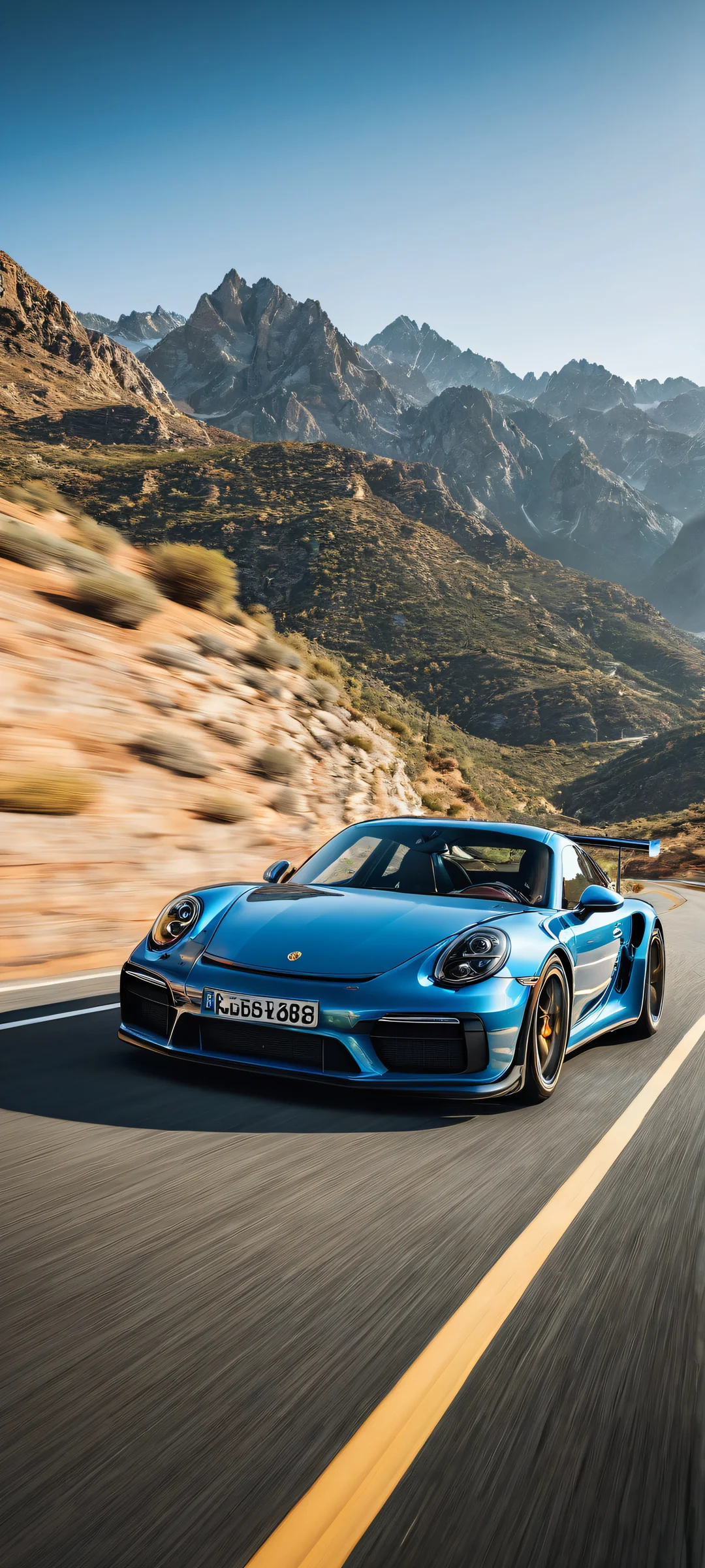 iPhone and Android user's dream wallpaper featuring a stunning Porsche portrait with intricate details and motion blur, set against a vast pure void for UI breathing space.