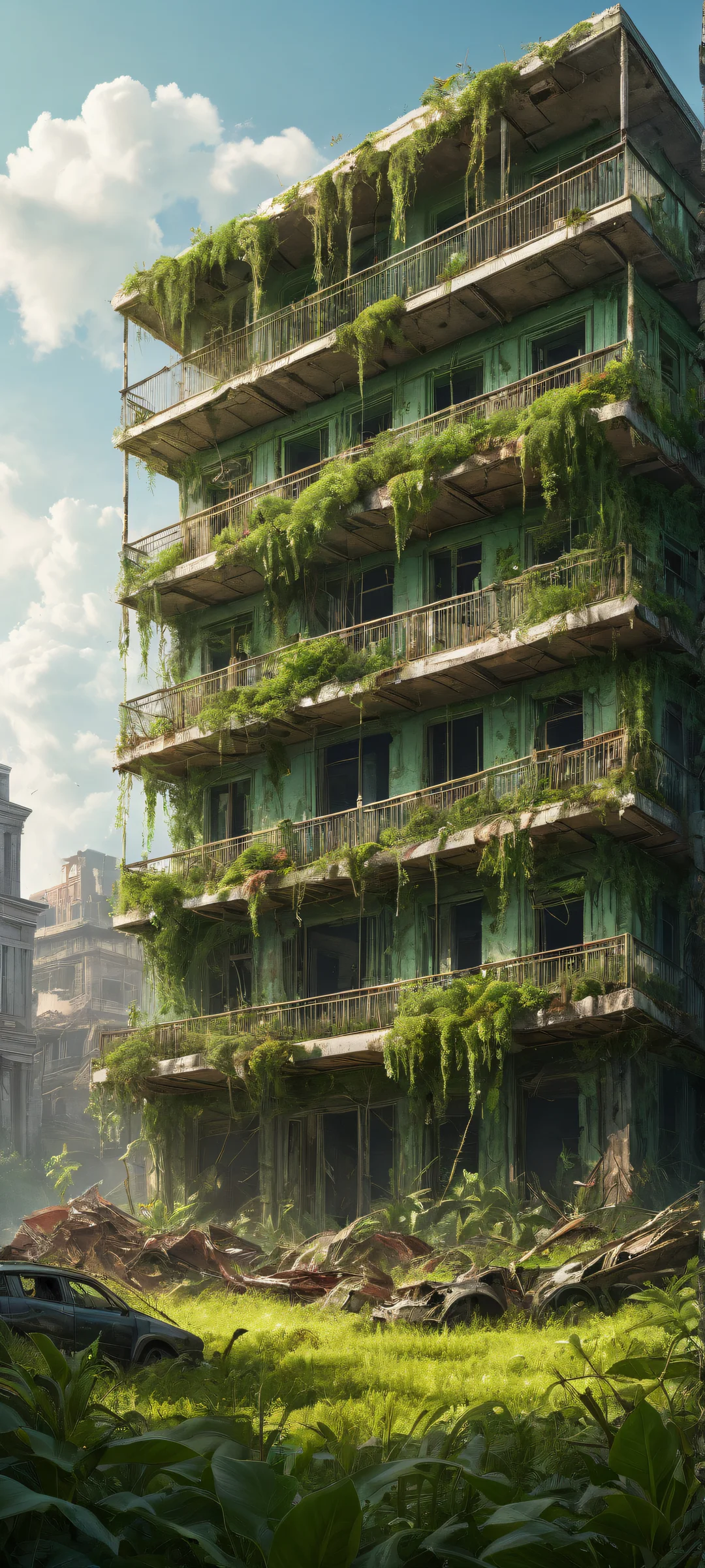 iPhone and Android users can personalize their home screens with this stunning portrait artwork of survivors amidst a carnivorous plant devouring zombies, set against a ruined building and vast pure void.