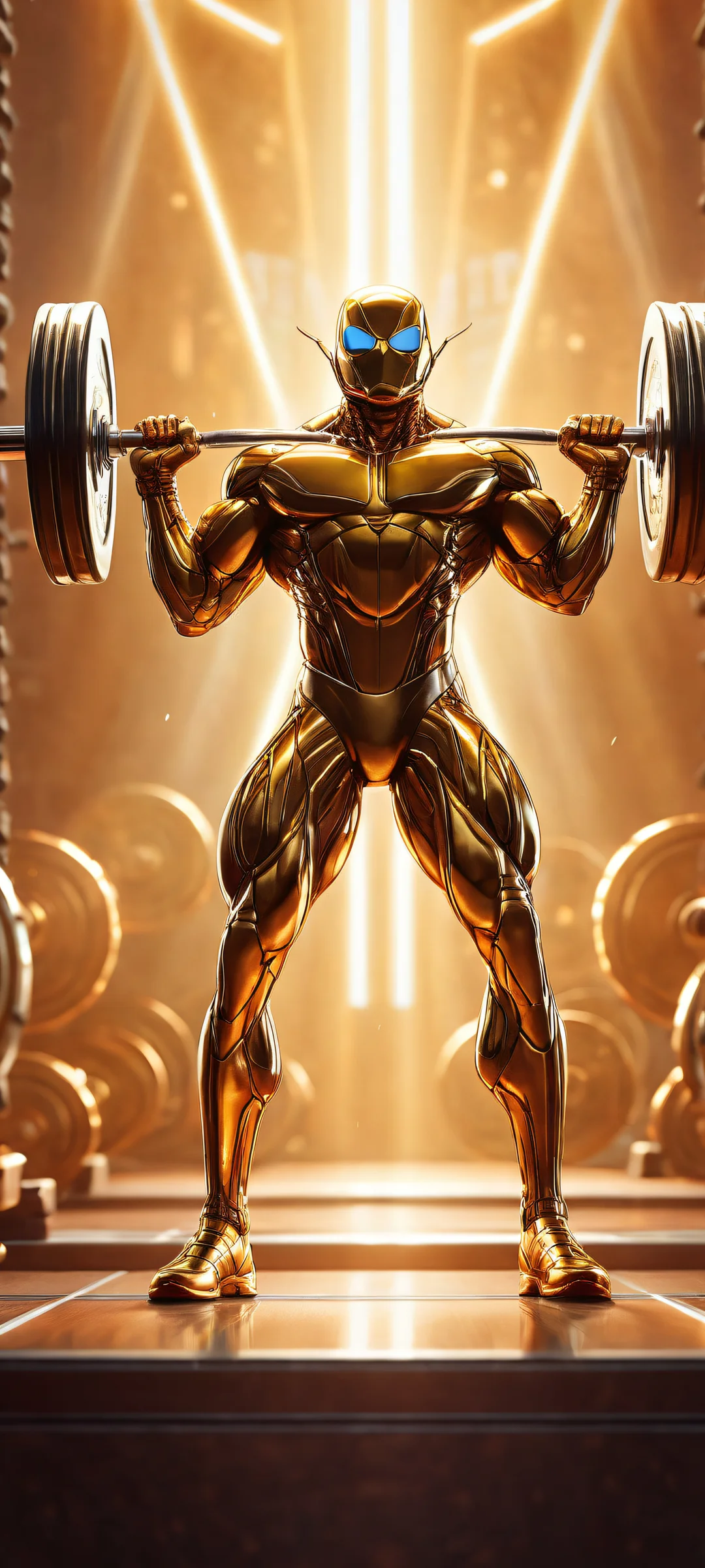 Ant lifting tiny dumbbell on iPhone/Android, stunning digital art with radiant colors and detailed bodybuilding scene.