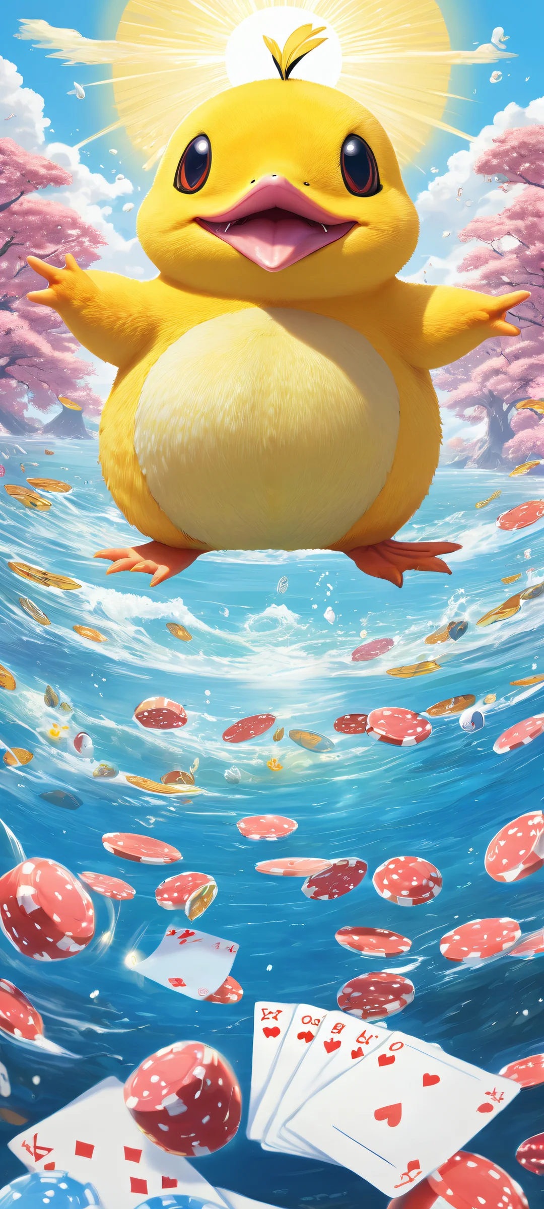 Psyduck, Slowpoke, and Quagsire engage in a thrilling poker game on an iPhone or Android device, amidst intricate details and textures. Perfectly optimized for home screens.