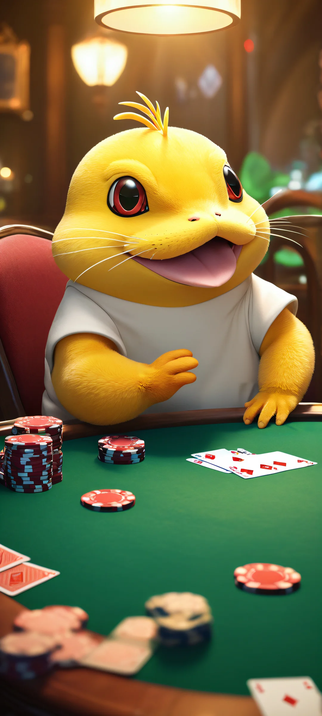 Psyduck's Poker Night QHD Phone Background Psyduck, Slowpoke, and Quagsire playing poker on an iPhone or Android device, surrounded by luxurious decorations and vibrant colors.