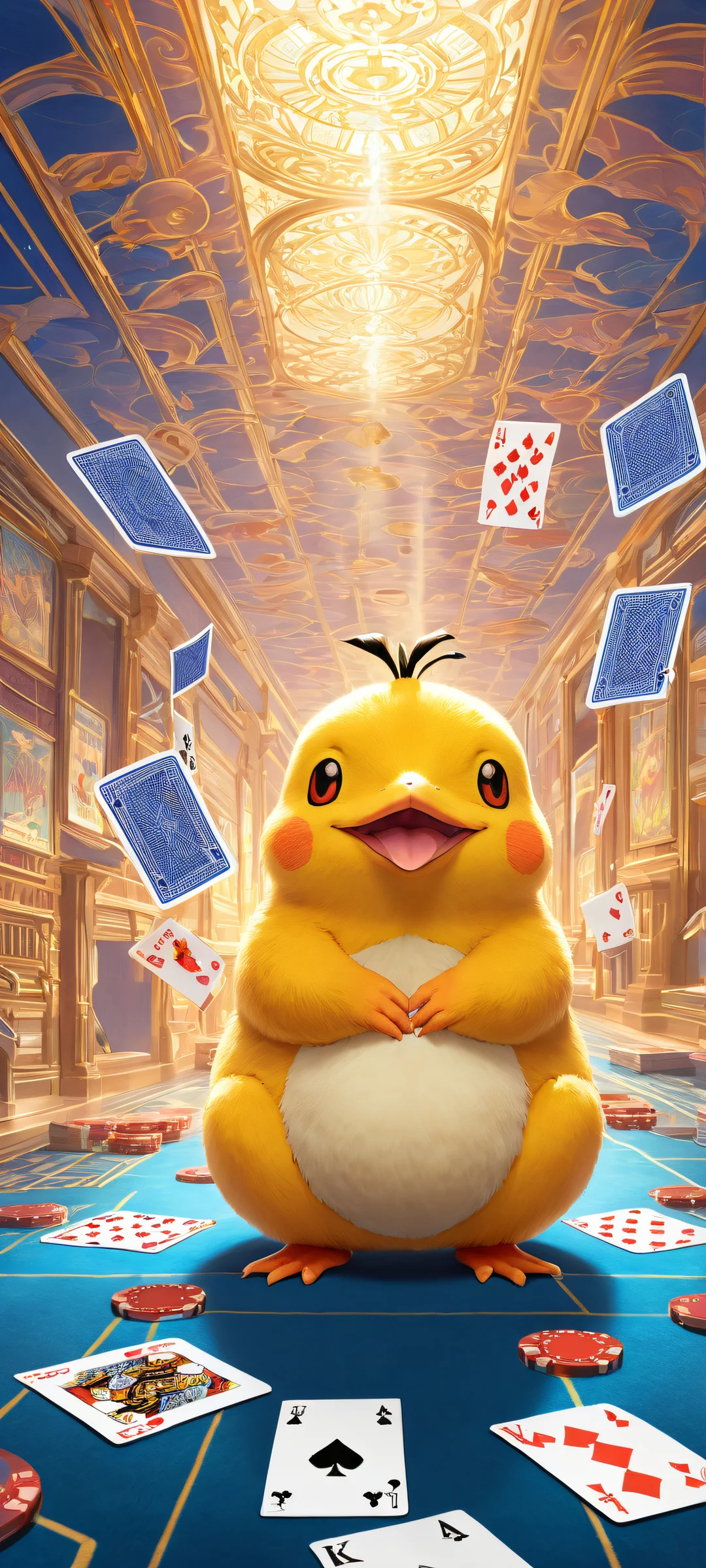 iPhone and Android users will delight in this breathtaking portrait artwork of Psyduck, Slowpoke, and Quagsire pondering their poker game. The serene background and vibrant colors make for the perfect addition to any mobile home screen.