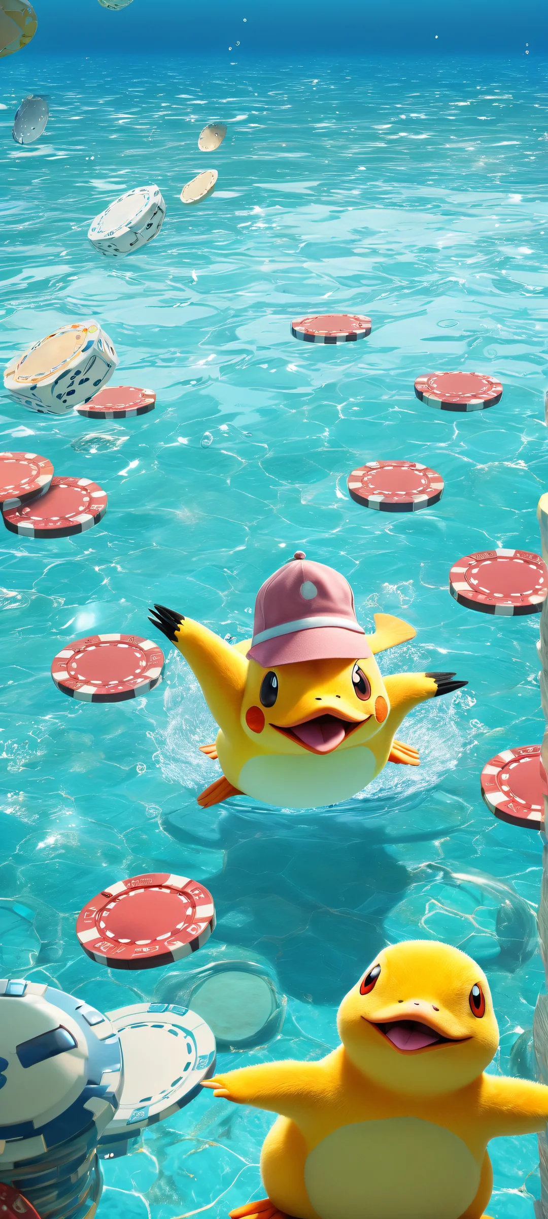 A mesmerizing Pokémon artwork featuring Psyduck, Slowpoke, and Quagsire engaged in a poker game against a stunning pure void backdrop, perfectly optimized for iPhone and Android home screens.