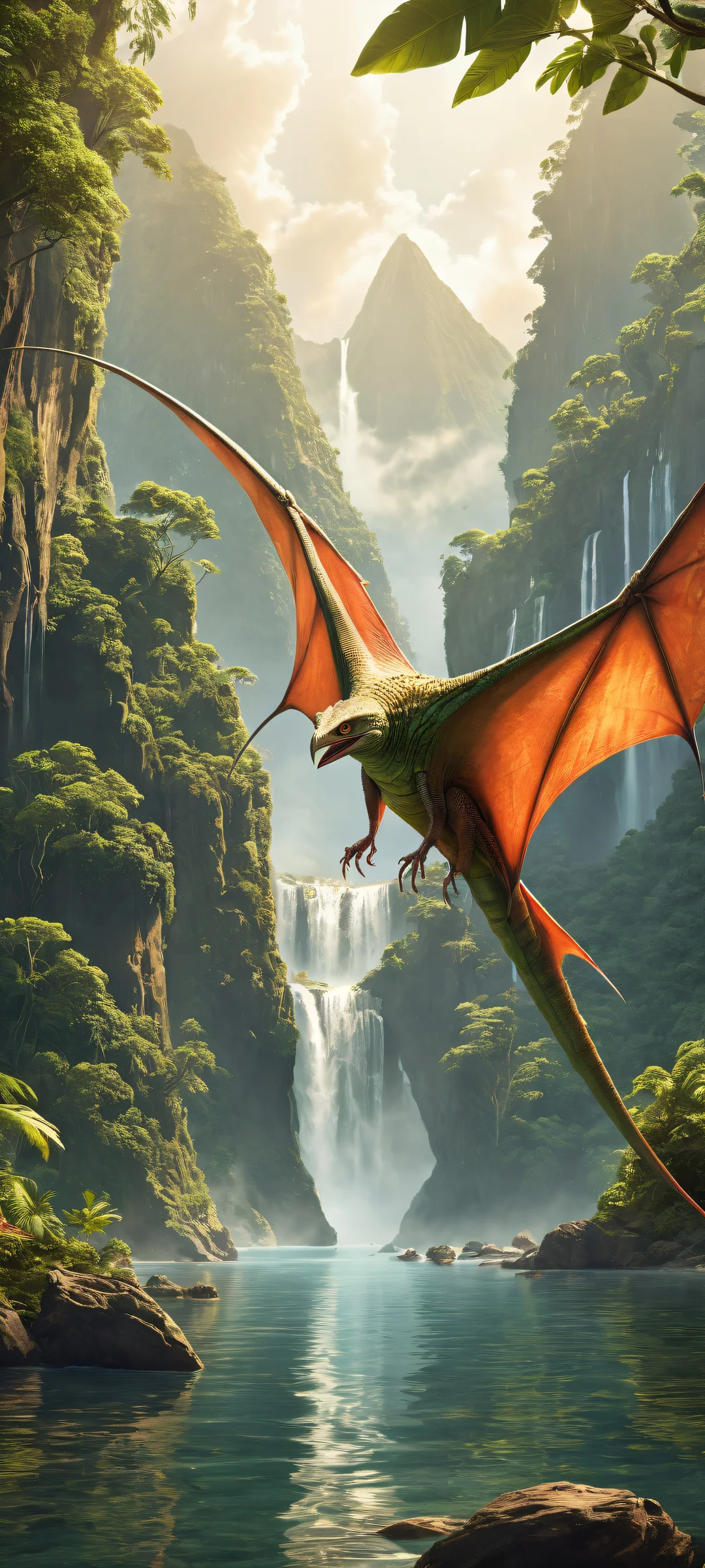 Pteranodon Elegance 2K QHD Home Screen A majestic Pteranodon stands upright on a lush jungle setting with an iPhone/Android device, showcasing its incredible micro-details and breathtaking scale.