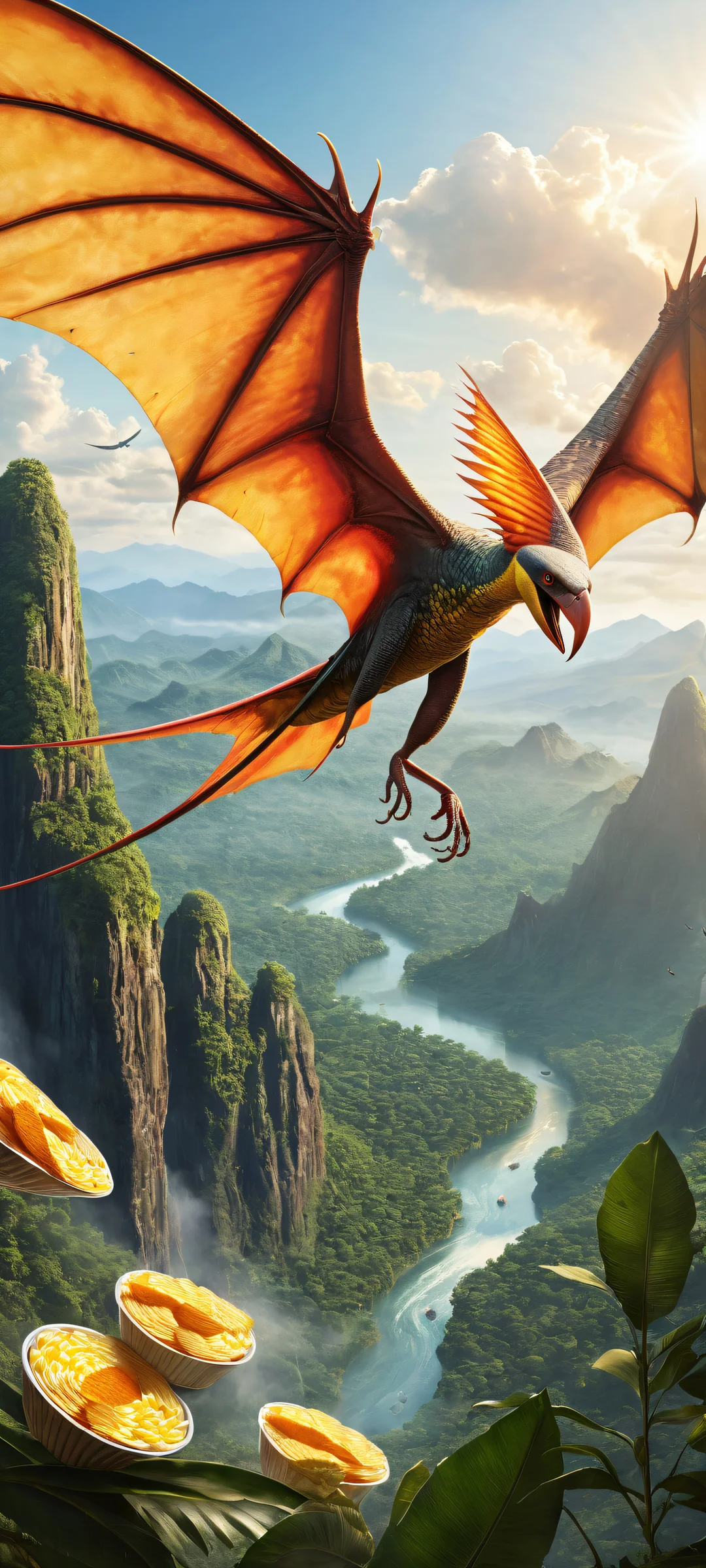 A majestic Pteranodon named Ketzalkoatl is fed Pringles chips by a viewer, set against a prehistoric jungle landscape with a distant volcano. iPhone/Android.